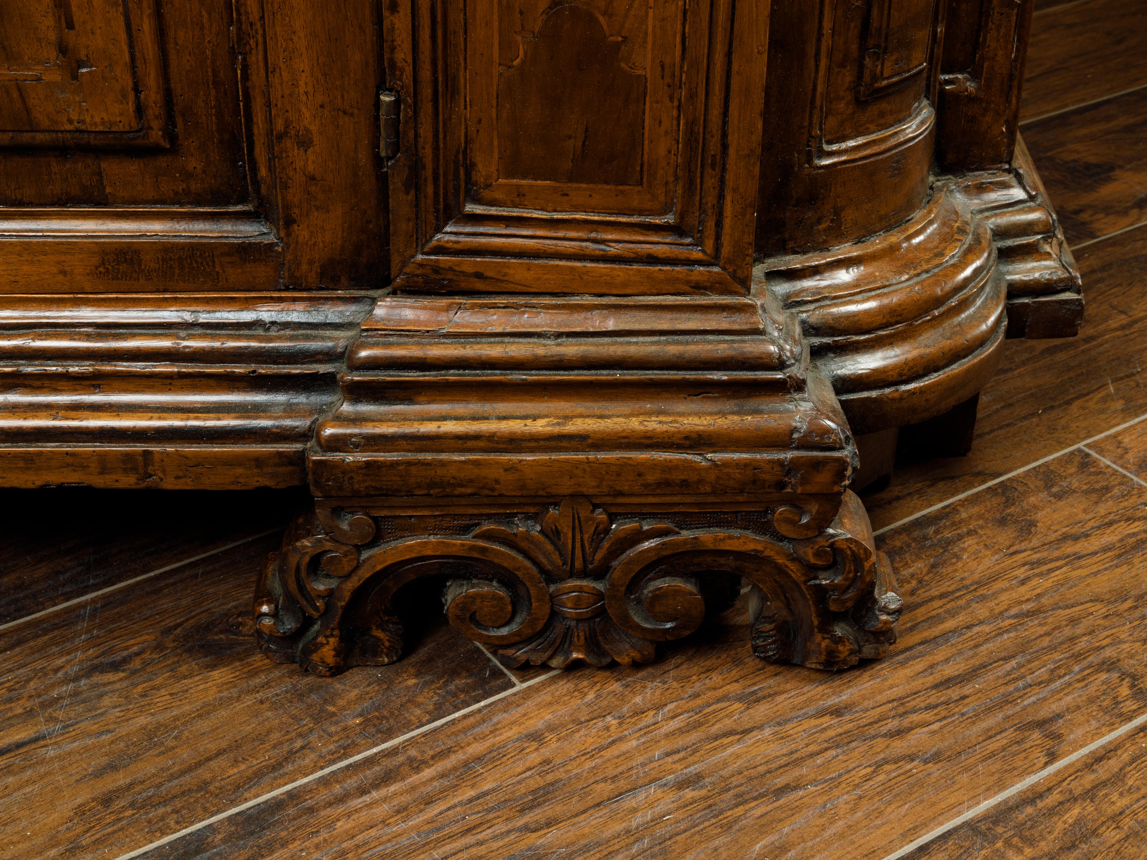 Italian 1800s Walnut Credenza with Drawers, Doors, Inlay and Foliage Carved Feet For Sale 3