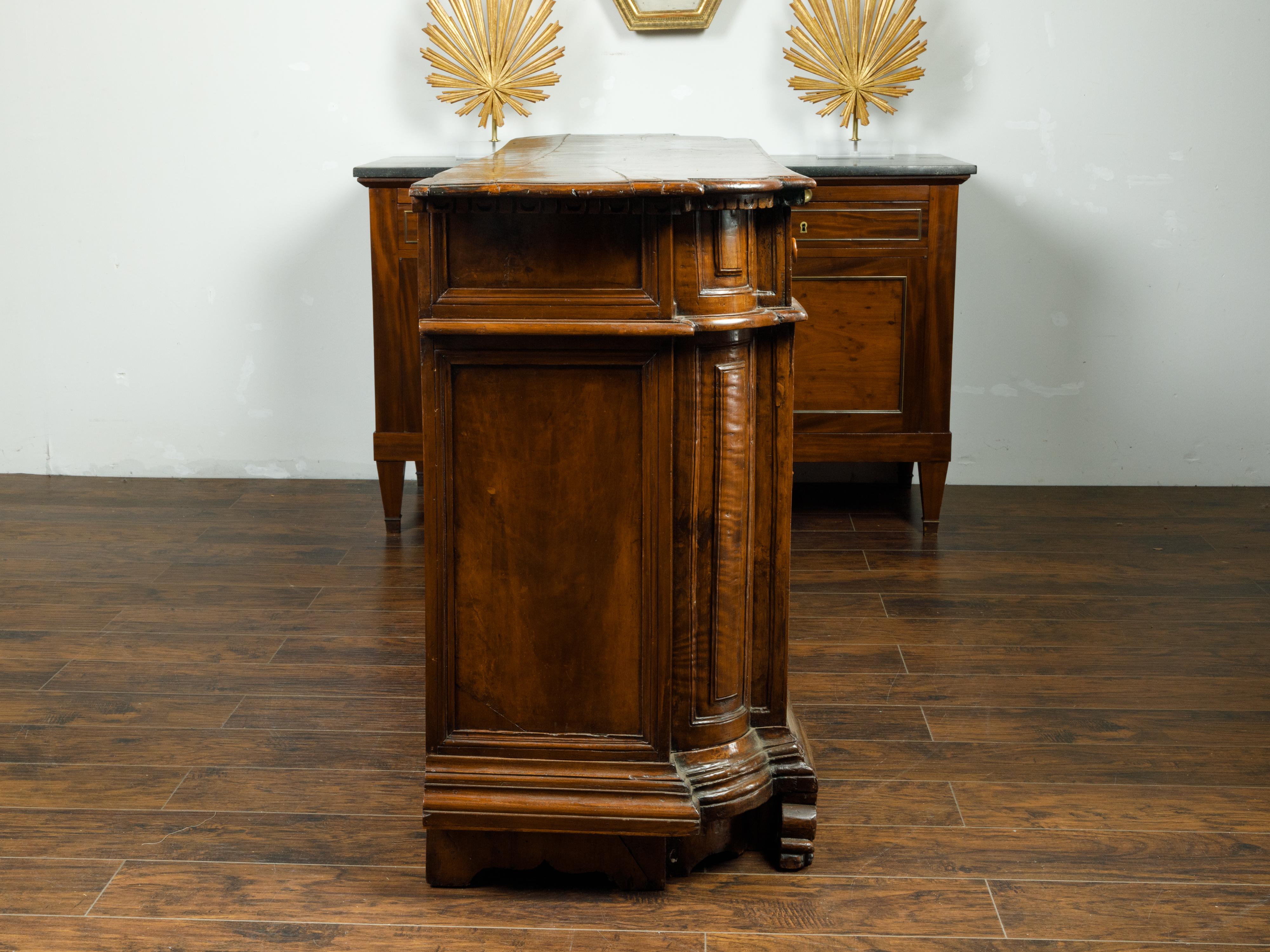 Italian 1800s Walnut Credenza with Drawers, Doors, Inlay and Foliage Carved Feet For Sale 5