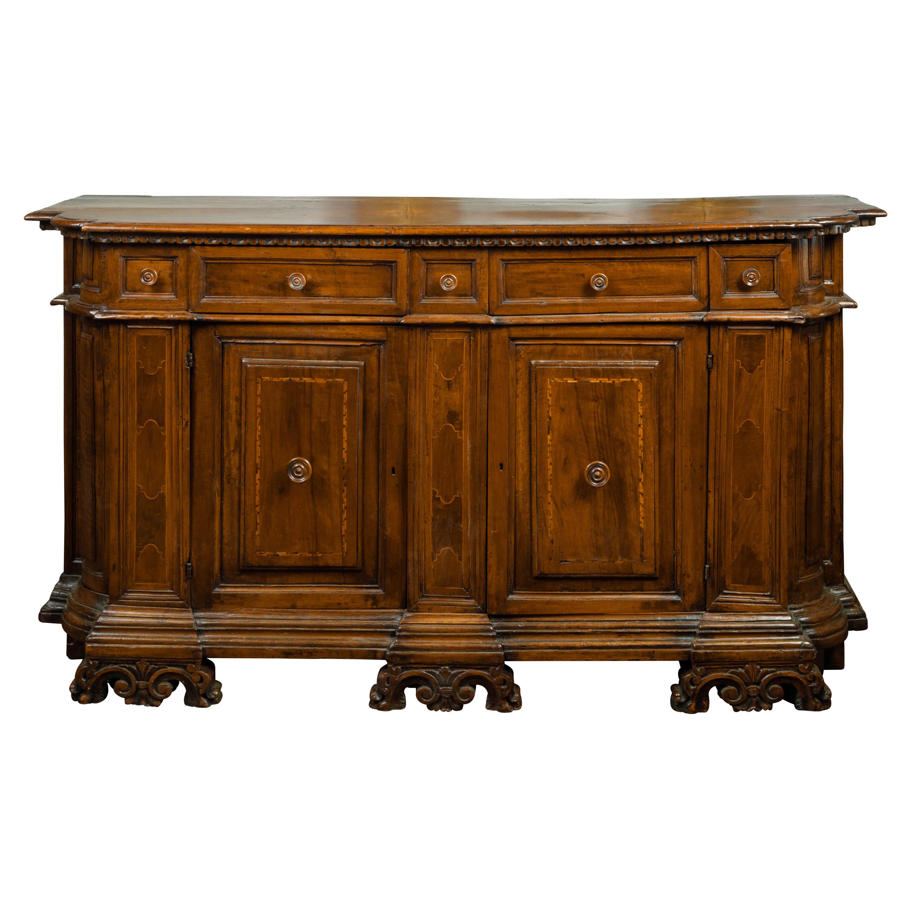 Italian 1800s Walnut Credenza with Drawers, Doors, Inlay and Foliage Carved Feet For Sale