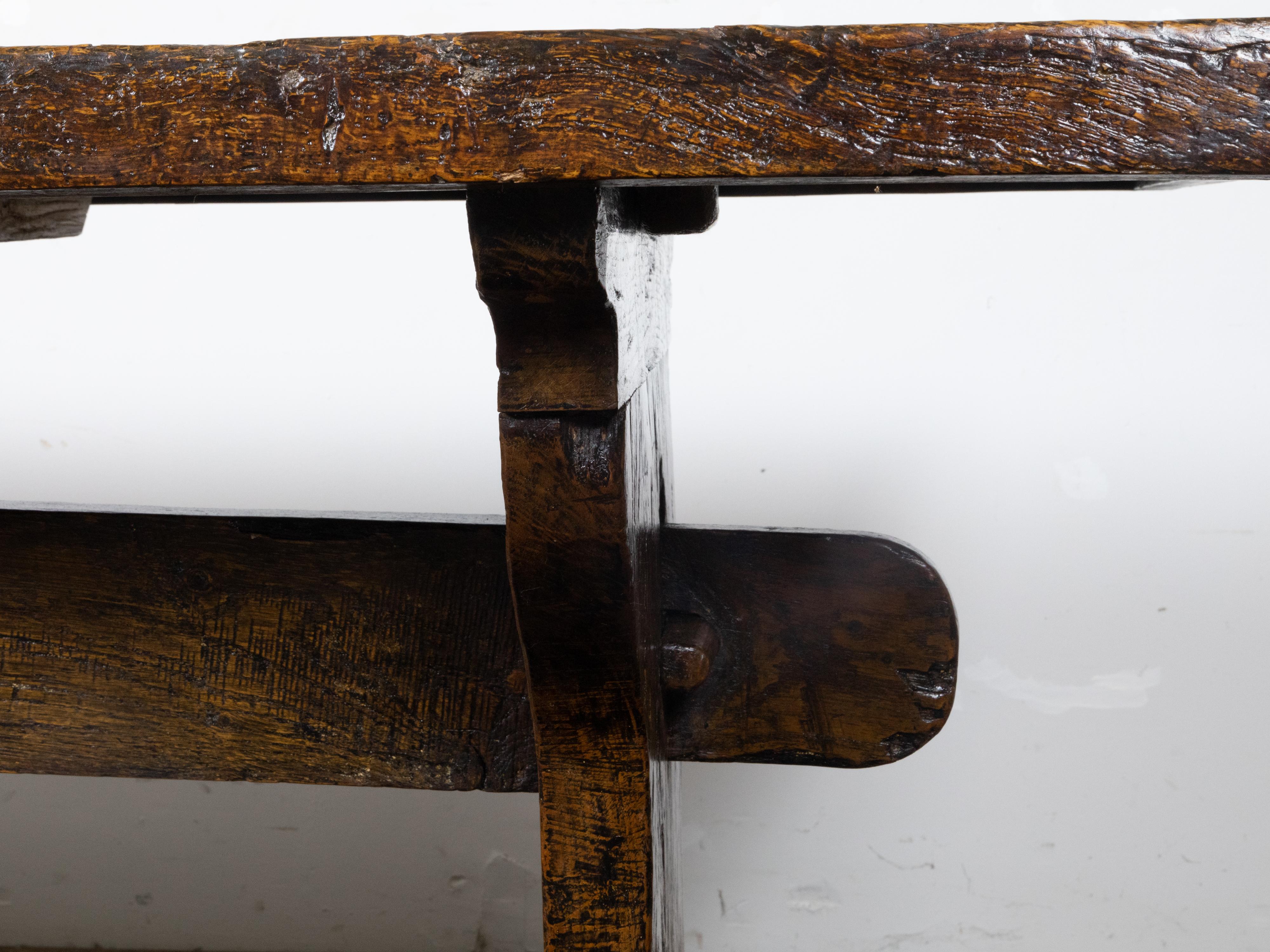 Italian 1800s Walnut Farm Table with Carved Legs, Stretcher and Weathered Patina For Sale 8