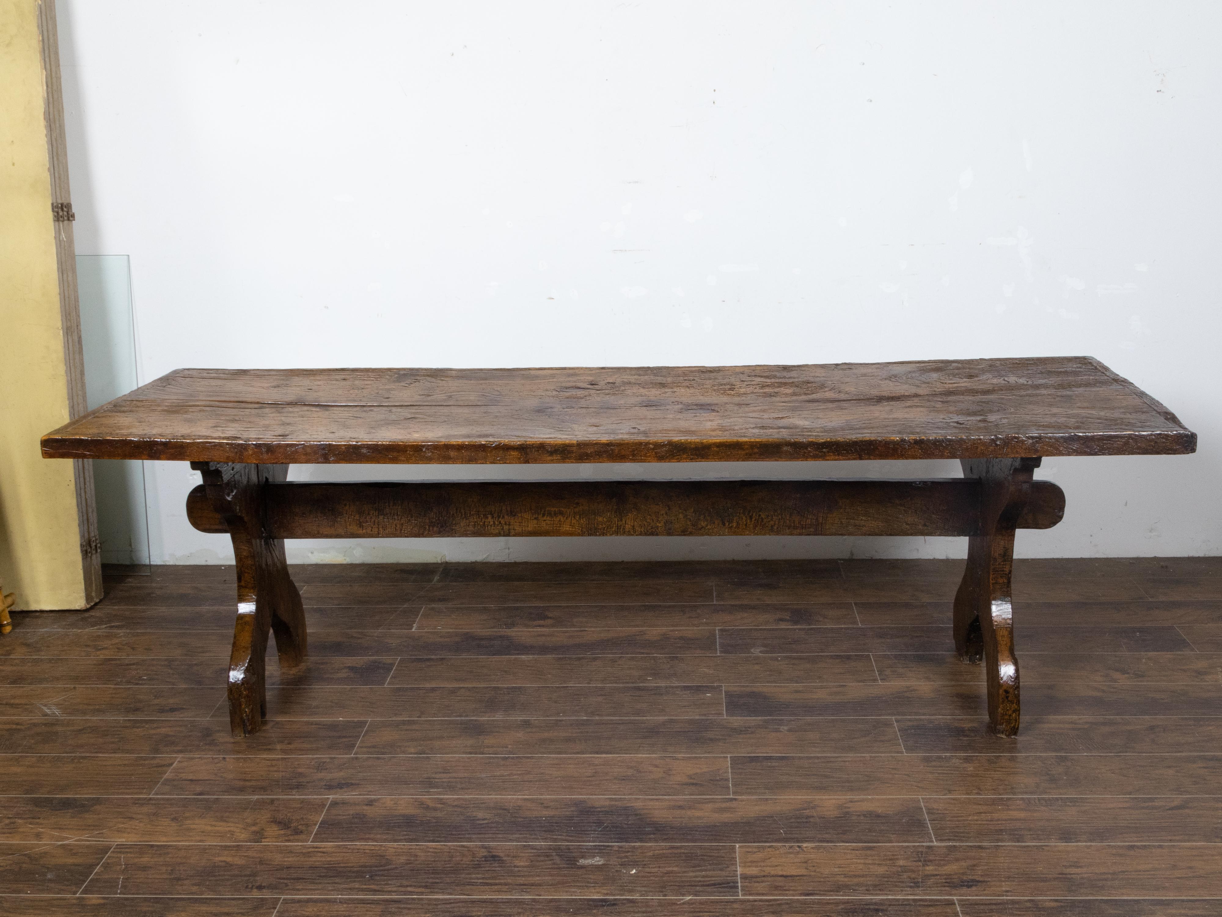 Italian 1800s Walnut Farm Table with Carved Legs, Stretcher and Weathered Patina In Good Condition For Sale In Atlanta, GA