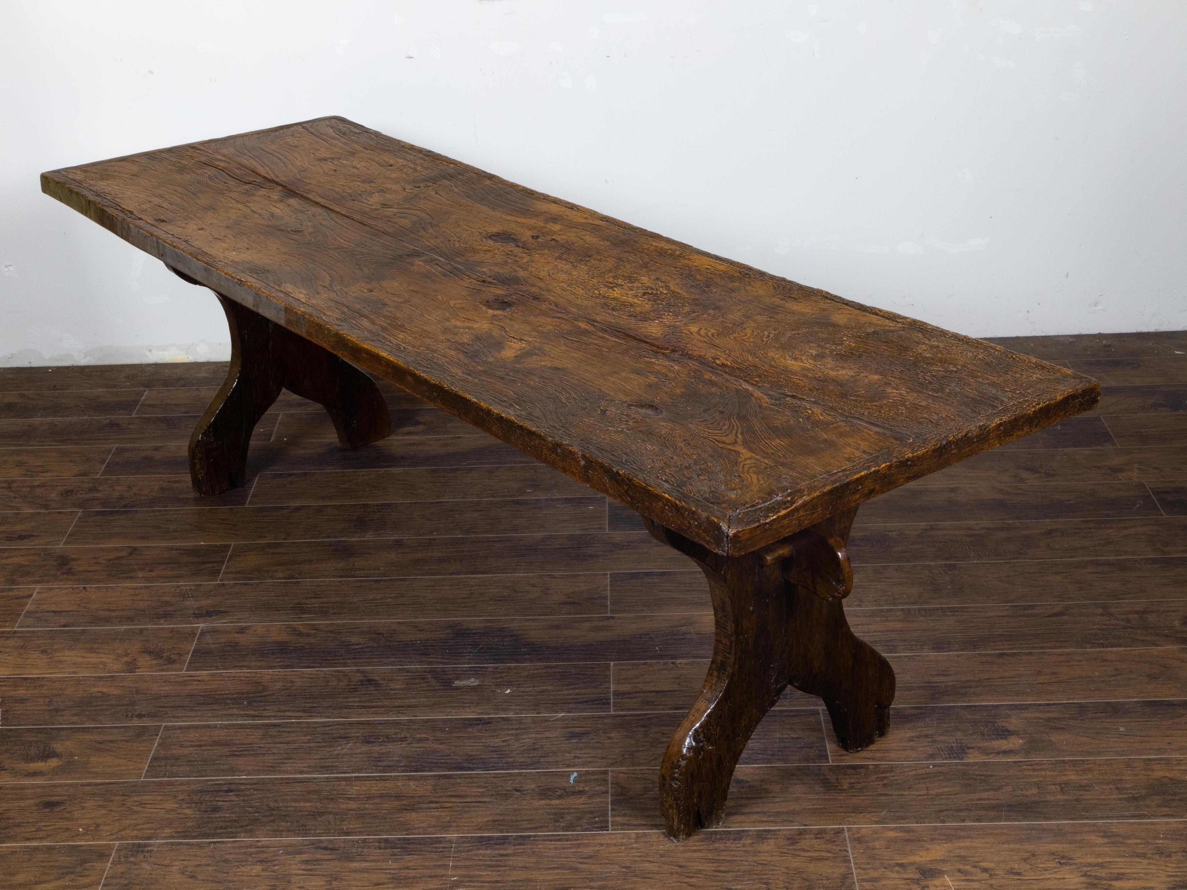 19th Century Italian 1800s Walnut Farm Table with Carved Legs, Stretcher and Weathered Patina For Sale