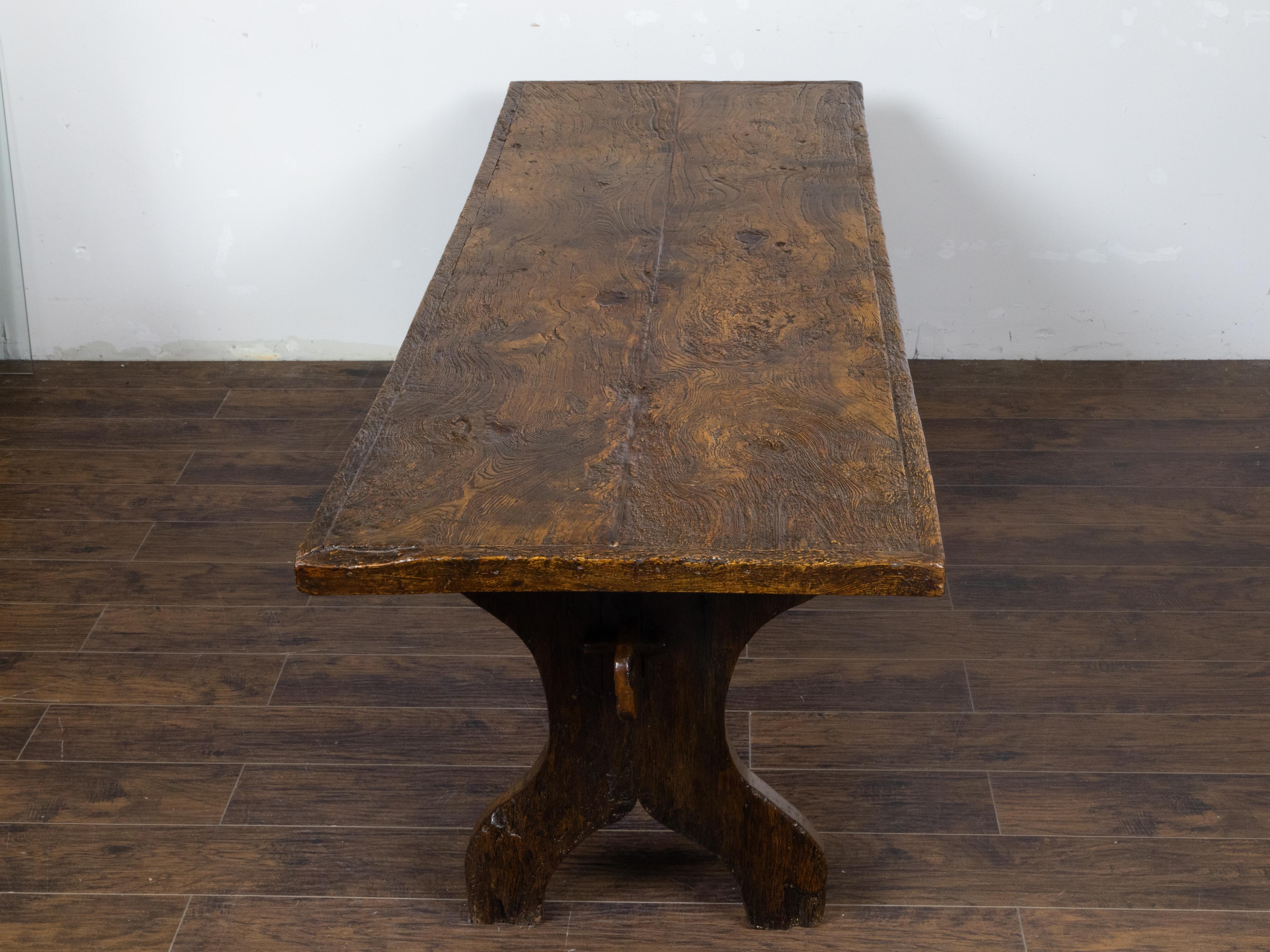 Italian 1800s Walnut Farm Table with Carved Legs, Stretcher and Weathered Patina For Sale 1