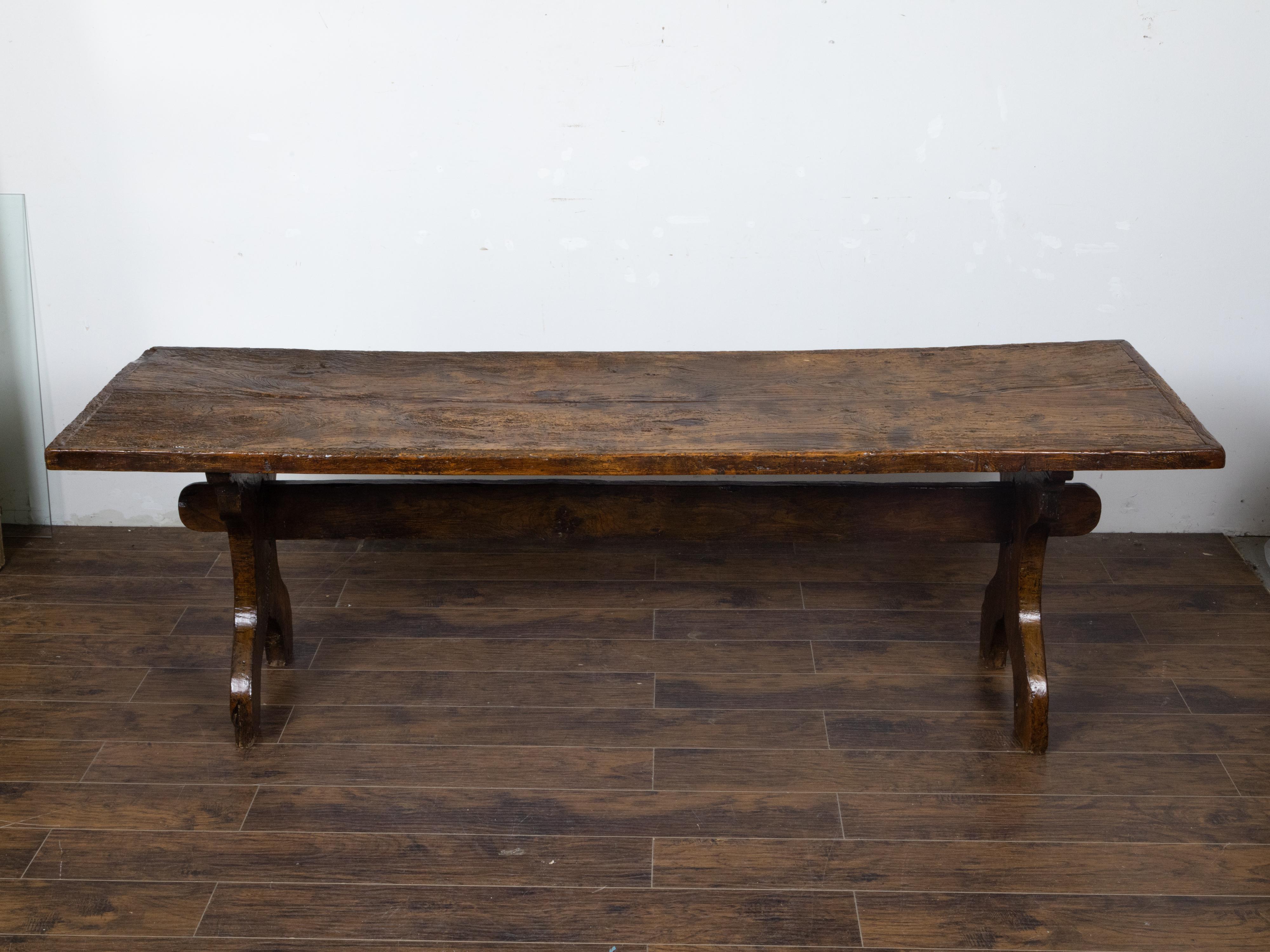 Italian 1800s Walnut Farm Table with Carved Legs, Stretcher and Weathered Patina For Sale 2