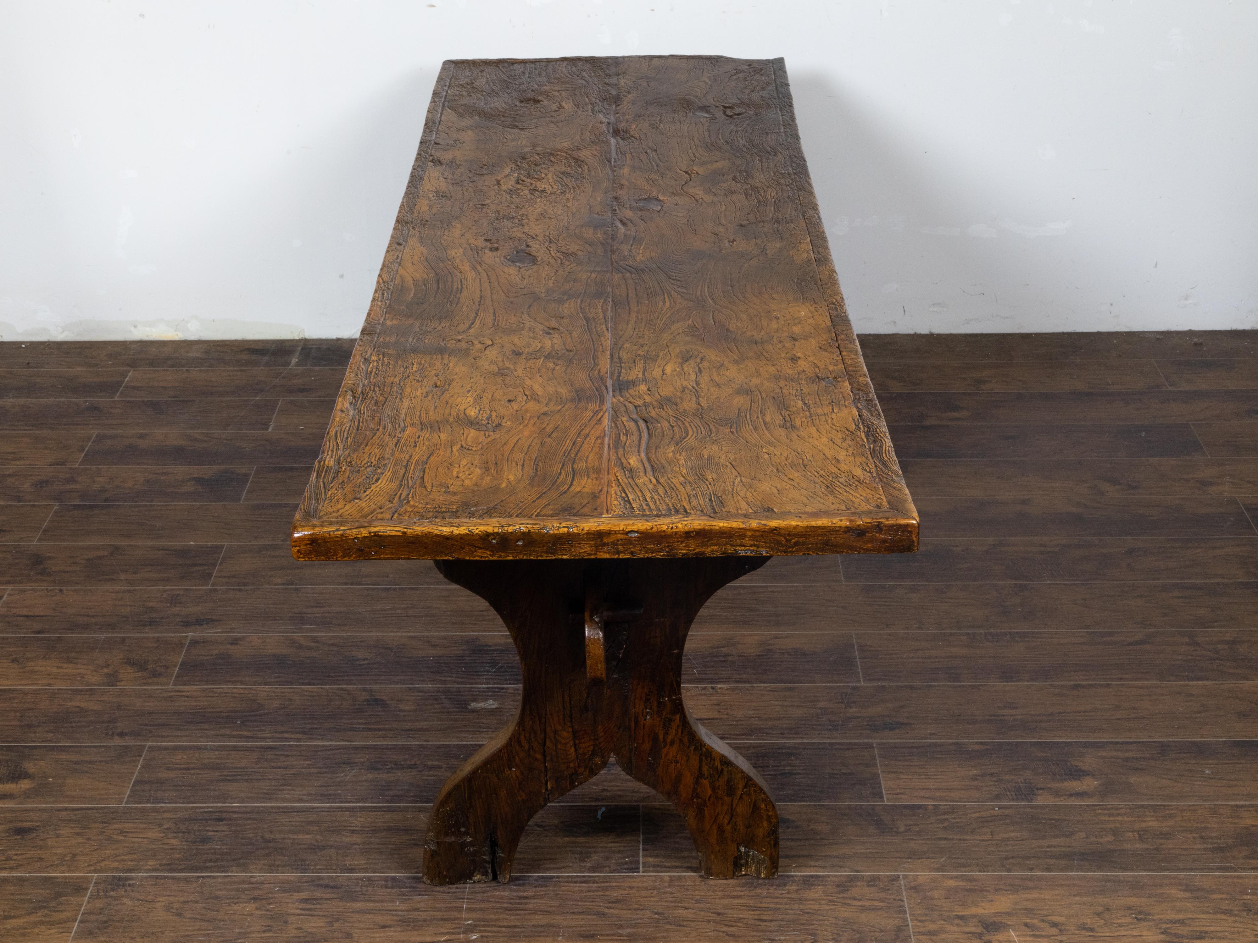Italian 1800s Walnut Farm Table with Carved Legs, Stretcher and Weathered Patina For Sale 3