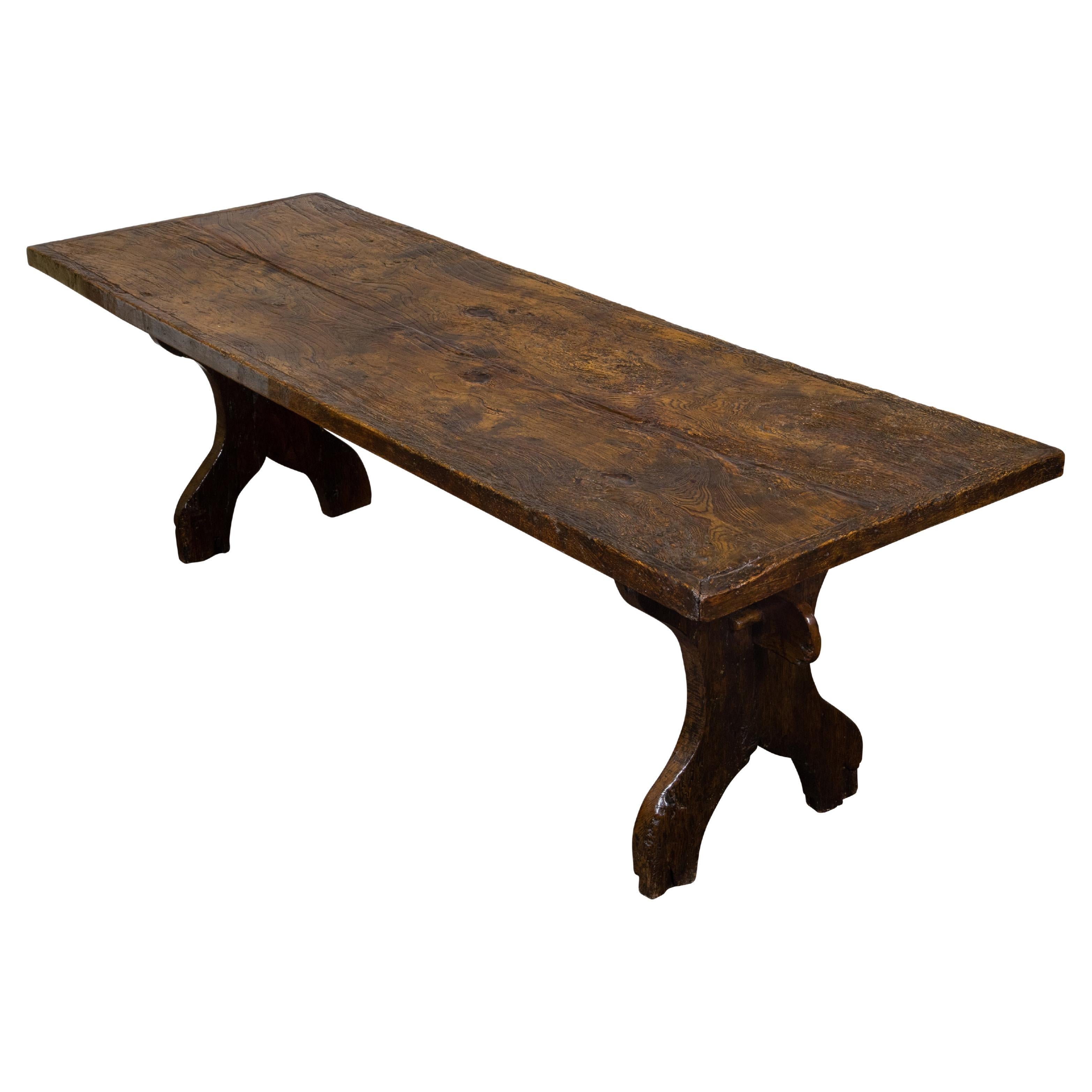 Italian 1800s Walnut Farm Table with Carved Legs, Stretcher and Weathered Patina For Sale