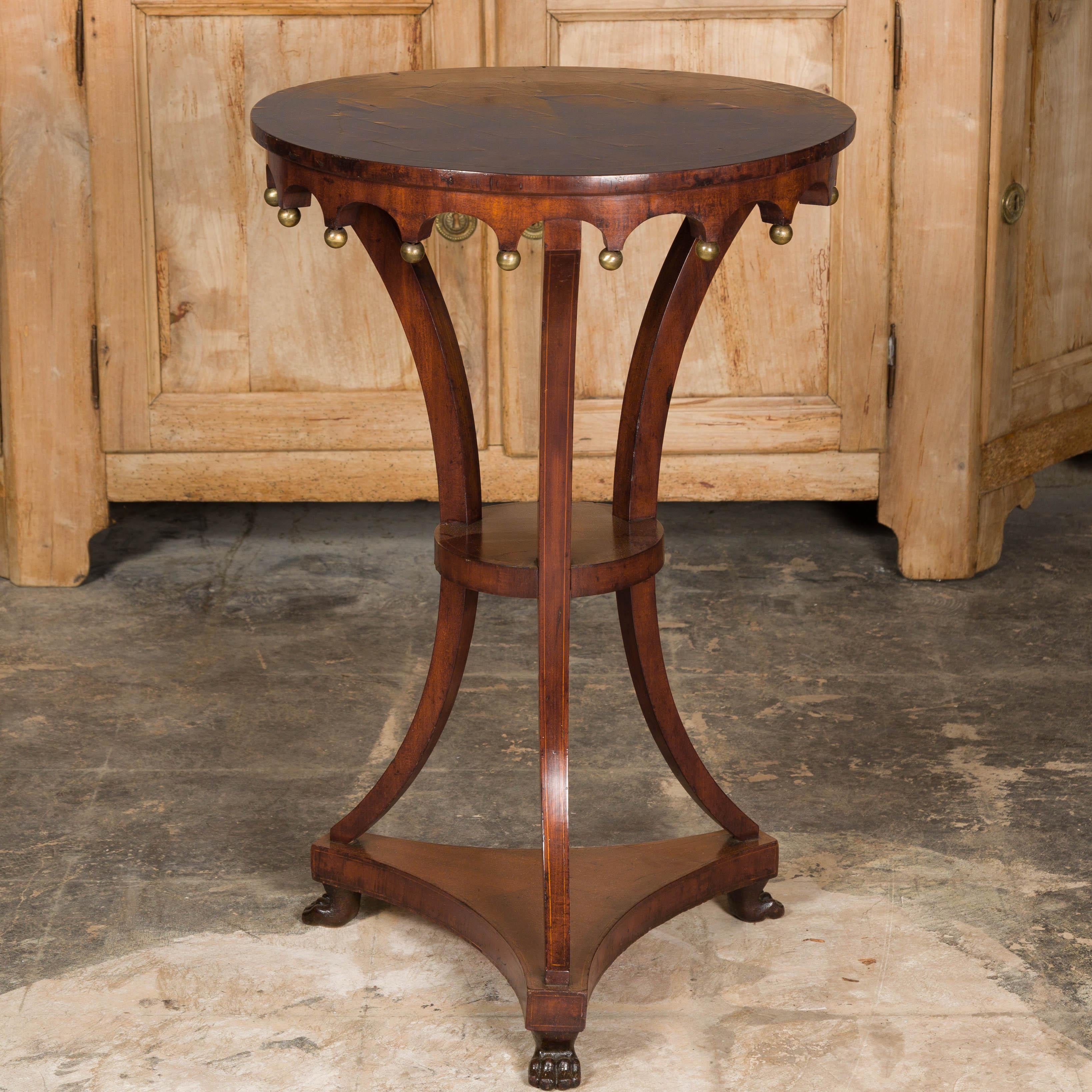 Italian 1800s Walnut Guéridon Side Table with Carved Apron and Gilt Spheres In Good Condition For Sale In Atlanta, GA