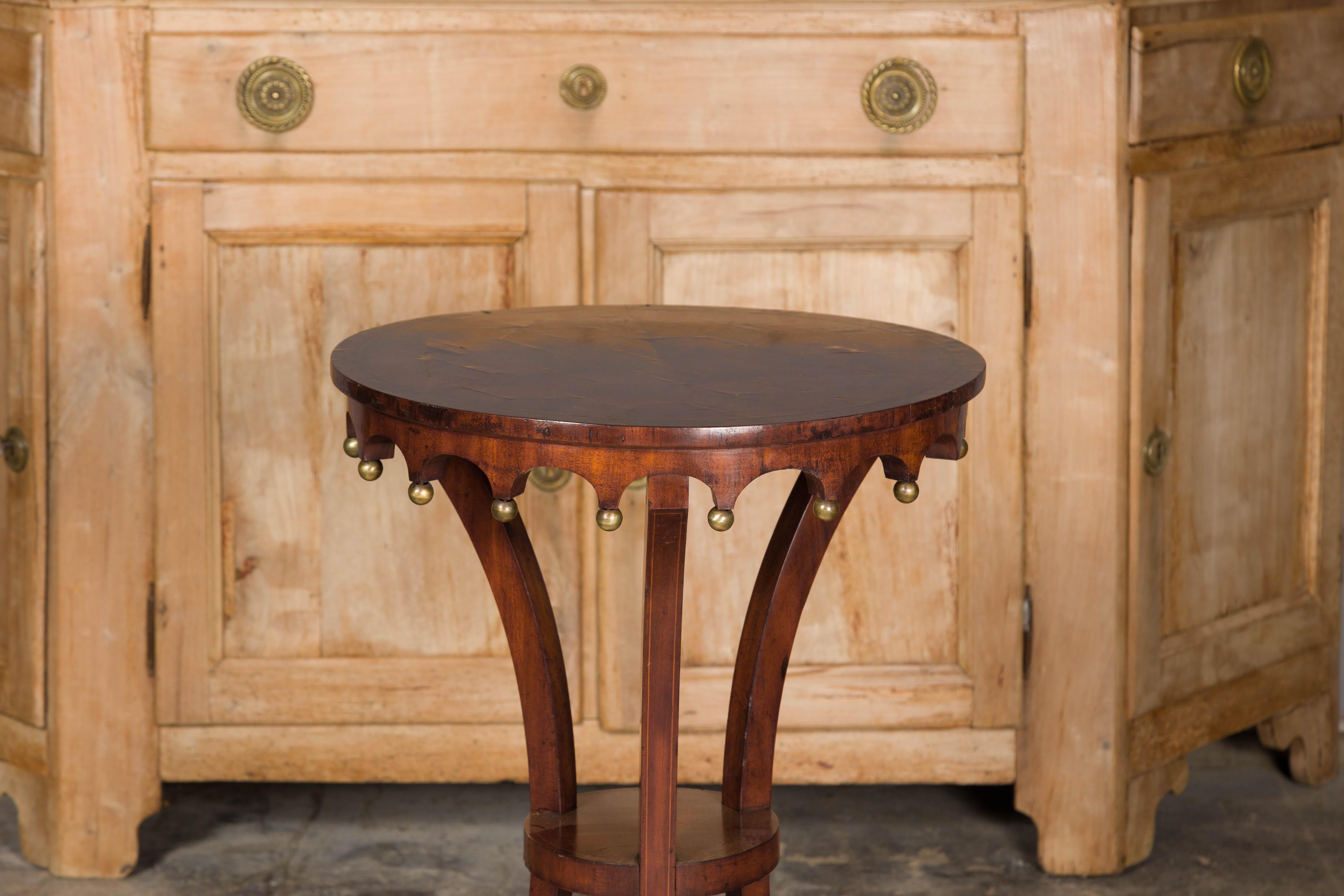 19th Century Italian 1800s Walnut Guéridon Side Table with Carved Apron and Gilt Spheres For Sale