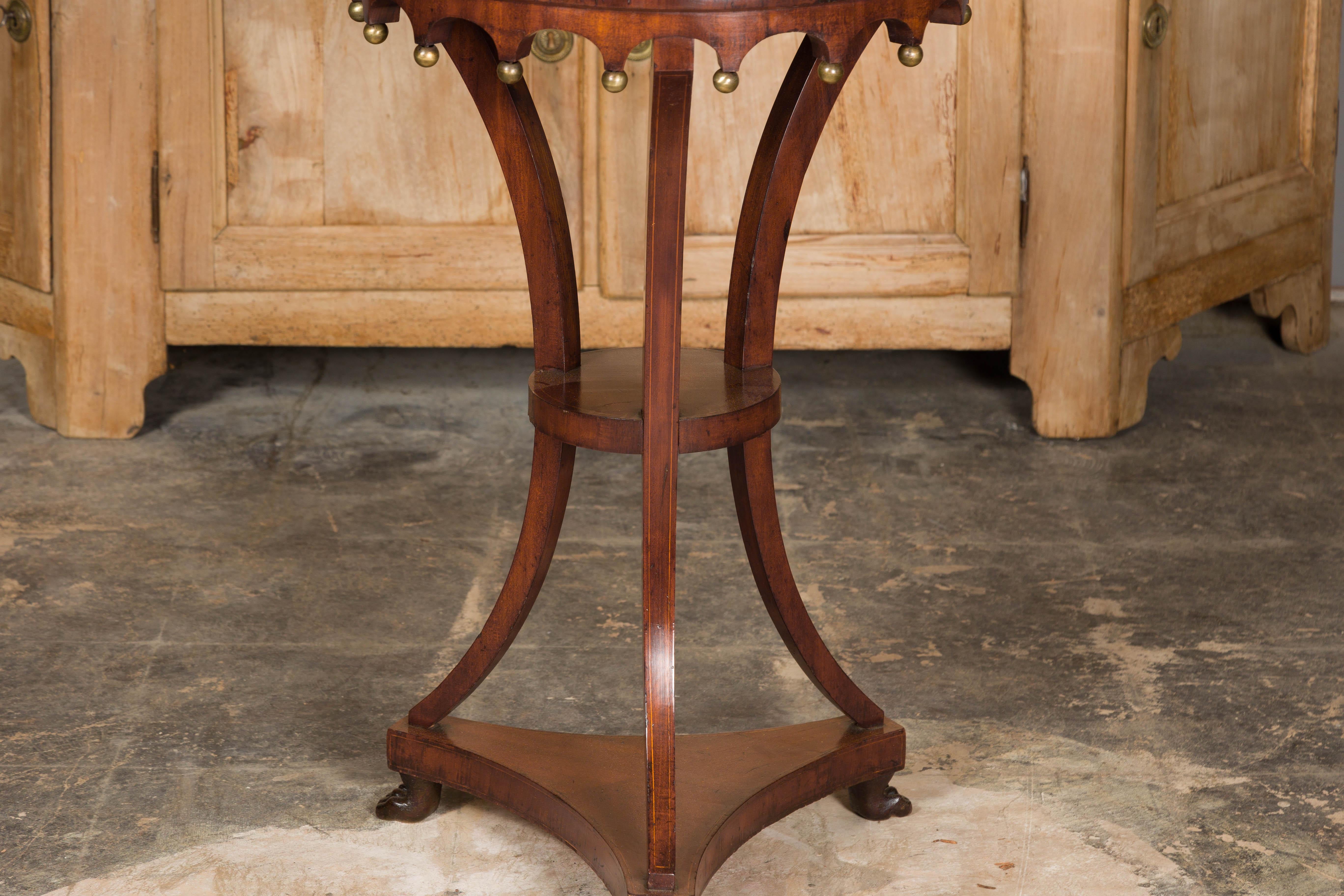 Italian 1800s Walnut Guéridon Side Table with Carved Apron and Gilt Spheres For Sale 1