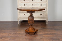 Italian 1800s Walnut Hexagonal Table with Carved Pedestal Base and Foliage