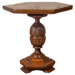 Italian 1800s Walnut Hexagonal Table with Carved Pedestal Base and Foliage