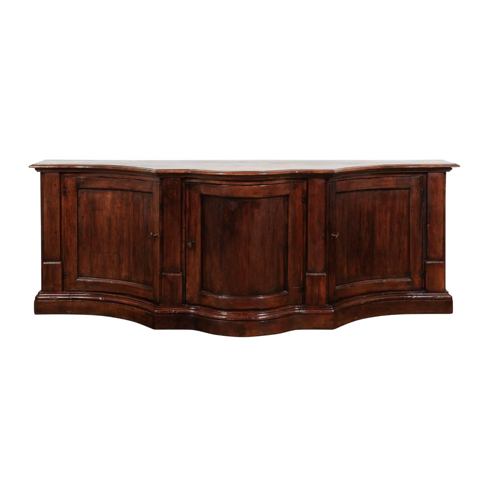 Italian 1800s Walnut Serpentine Three-Door Buffet with Drawer and Pilasters