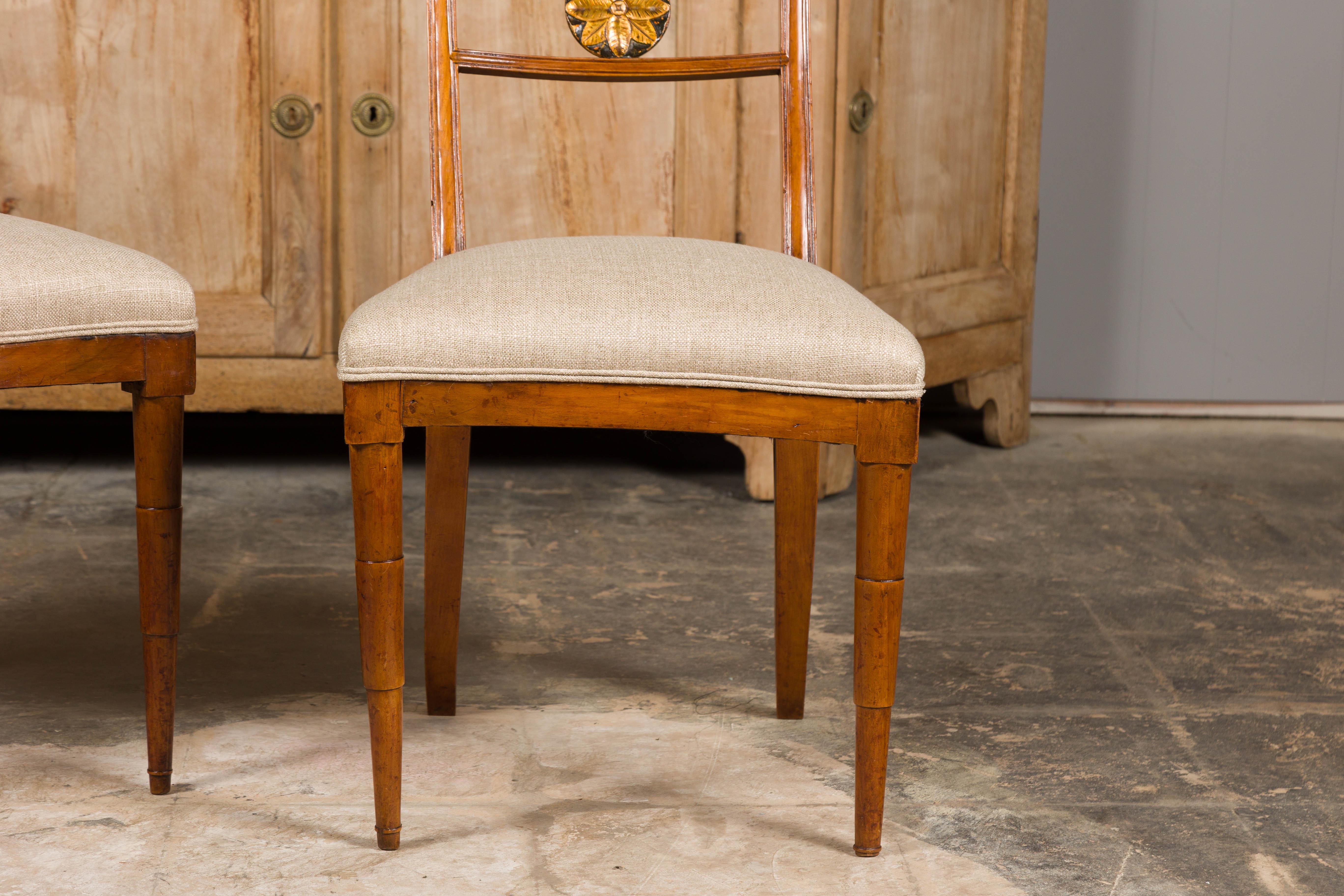 Italian 1800s Walnut Side Chairs with Carved and Gilt Floral Medallions, a Pair For Sale 3