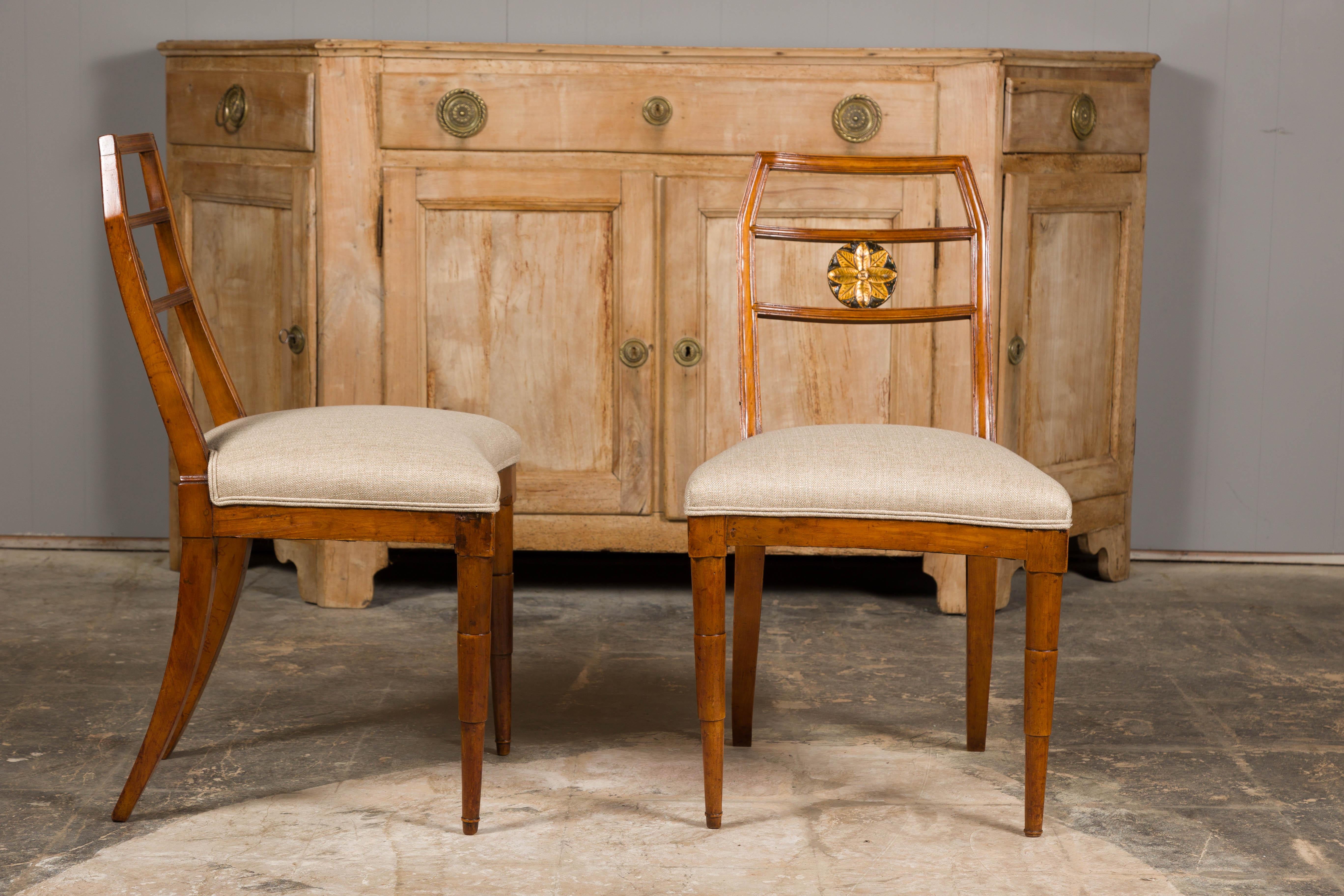 Italian 1800s Walnut Side Chairs with Carved and Gilt Floral Medallions, a Pair For Sale 7