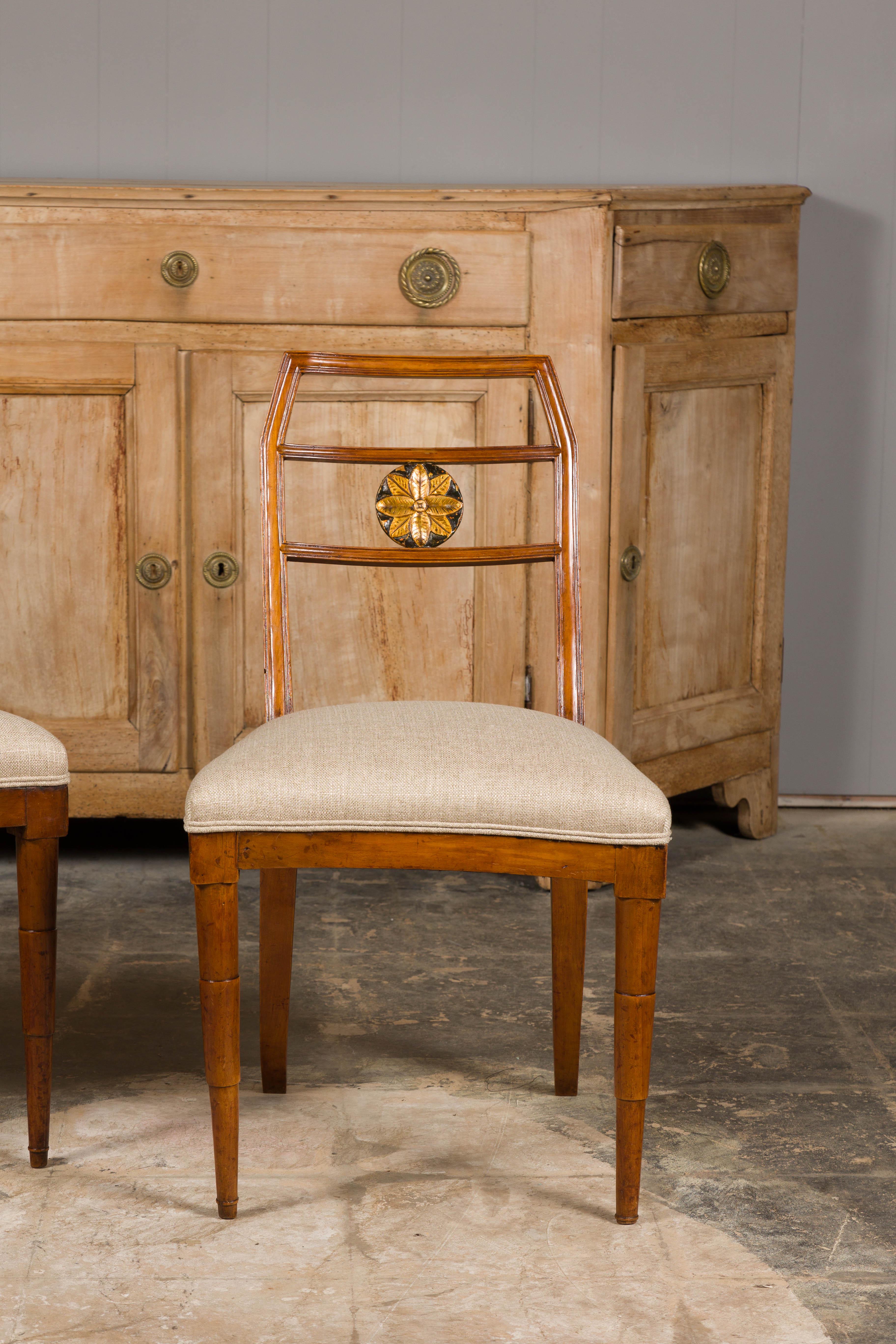 19th Century Italian 1800s Walnut Side Chairs with Carved and Gilt Floral Medallions, a Pair For Sale