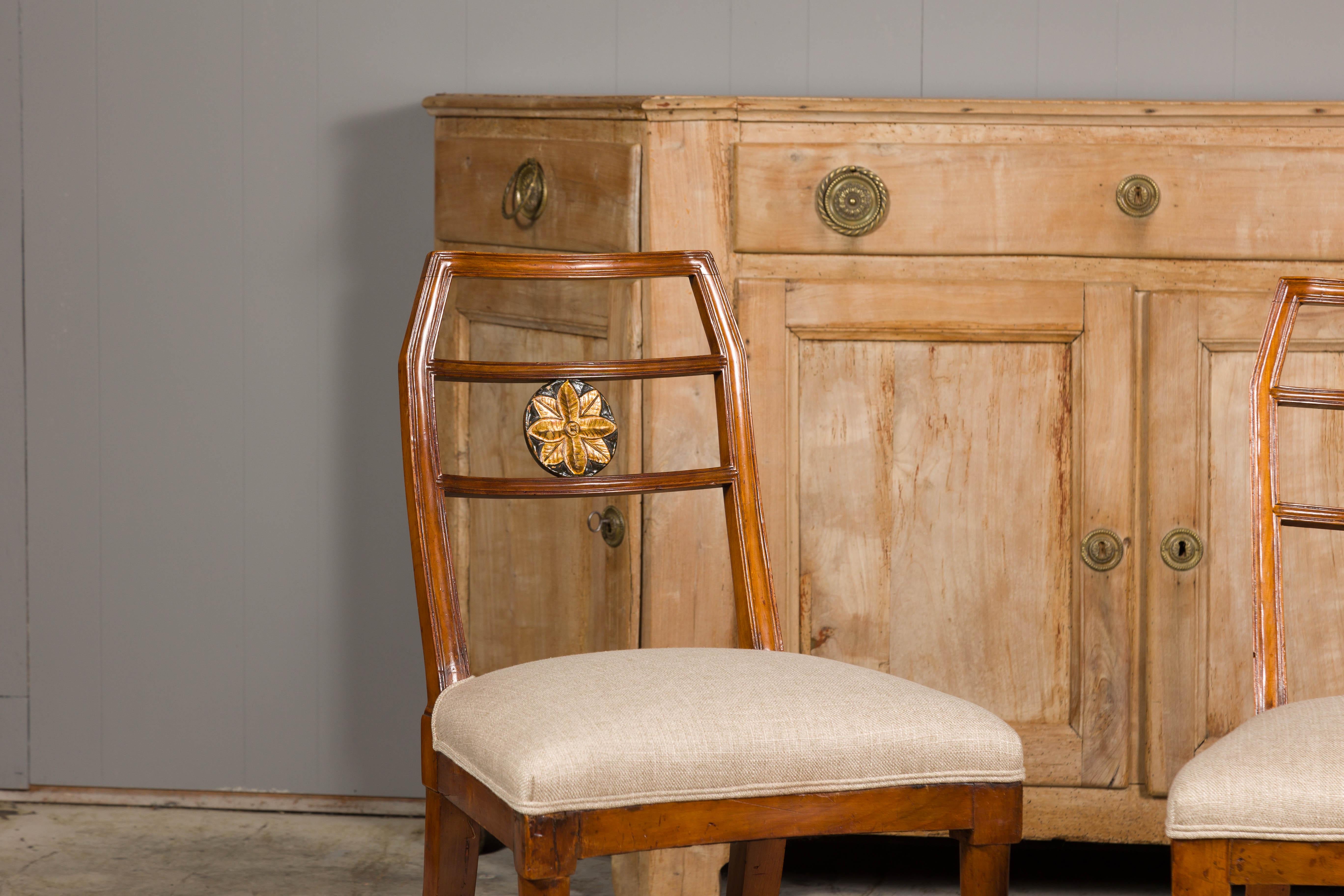 Italian 1800s Walnut Side Chairs with Carved and Gilt Floral Medallions, a Pair For Sale 1