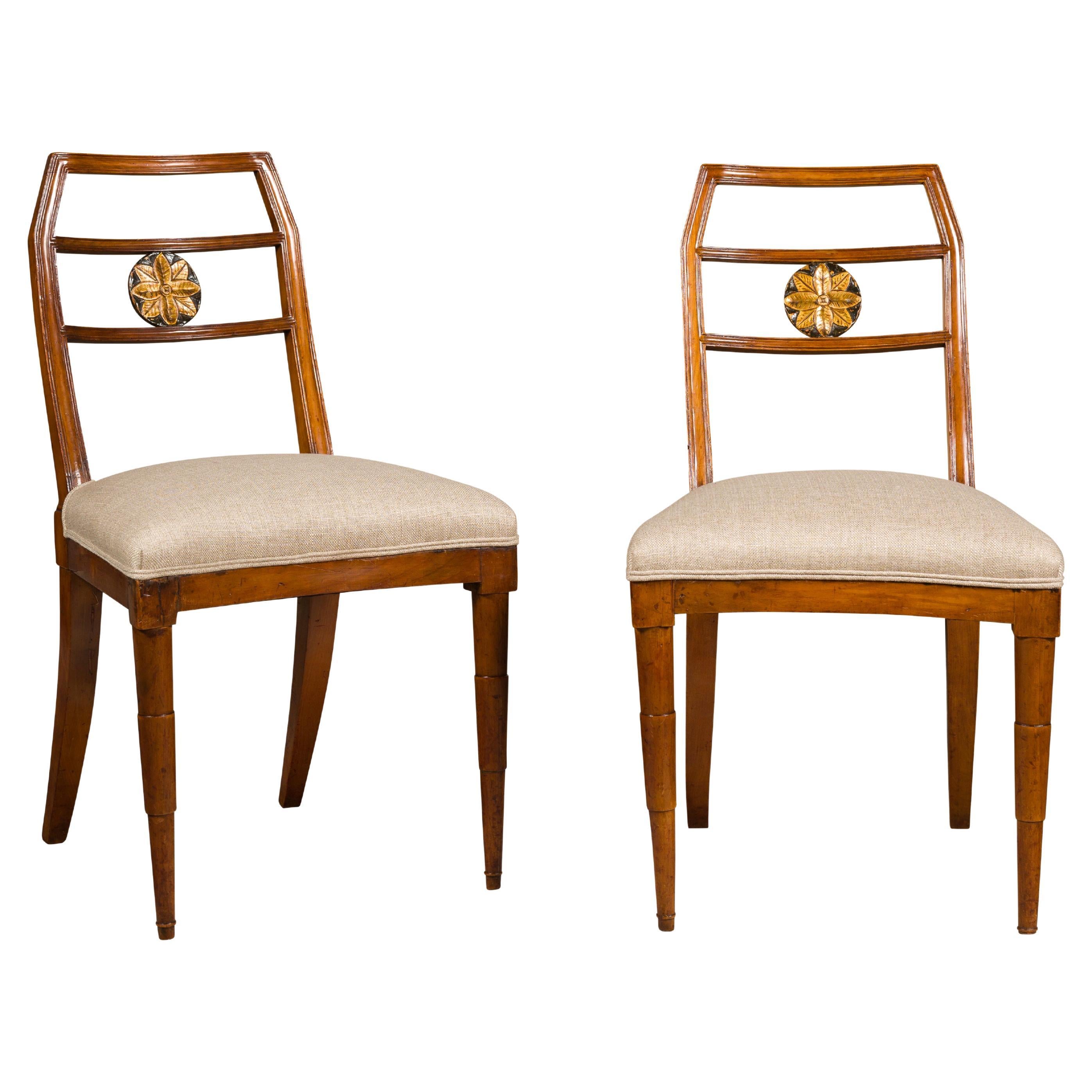 Italian 1800s Walnut Side Chairs with Carved and Gilt Floral Medallions, a Pair For Sale