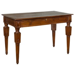 Italian 1800s Walnut Side Table with Carved Fluted Legs and Single Drawer