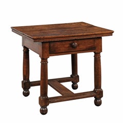 Italian 1800s Walnut Side Table with Single Drawer, Turned Legs and Stretcher