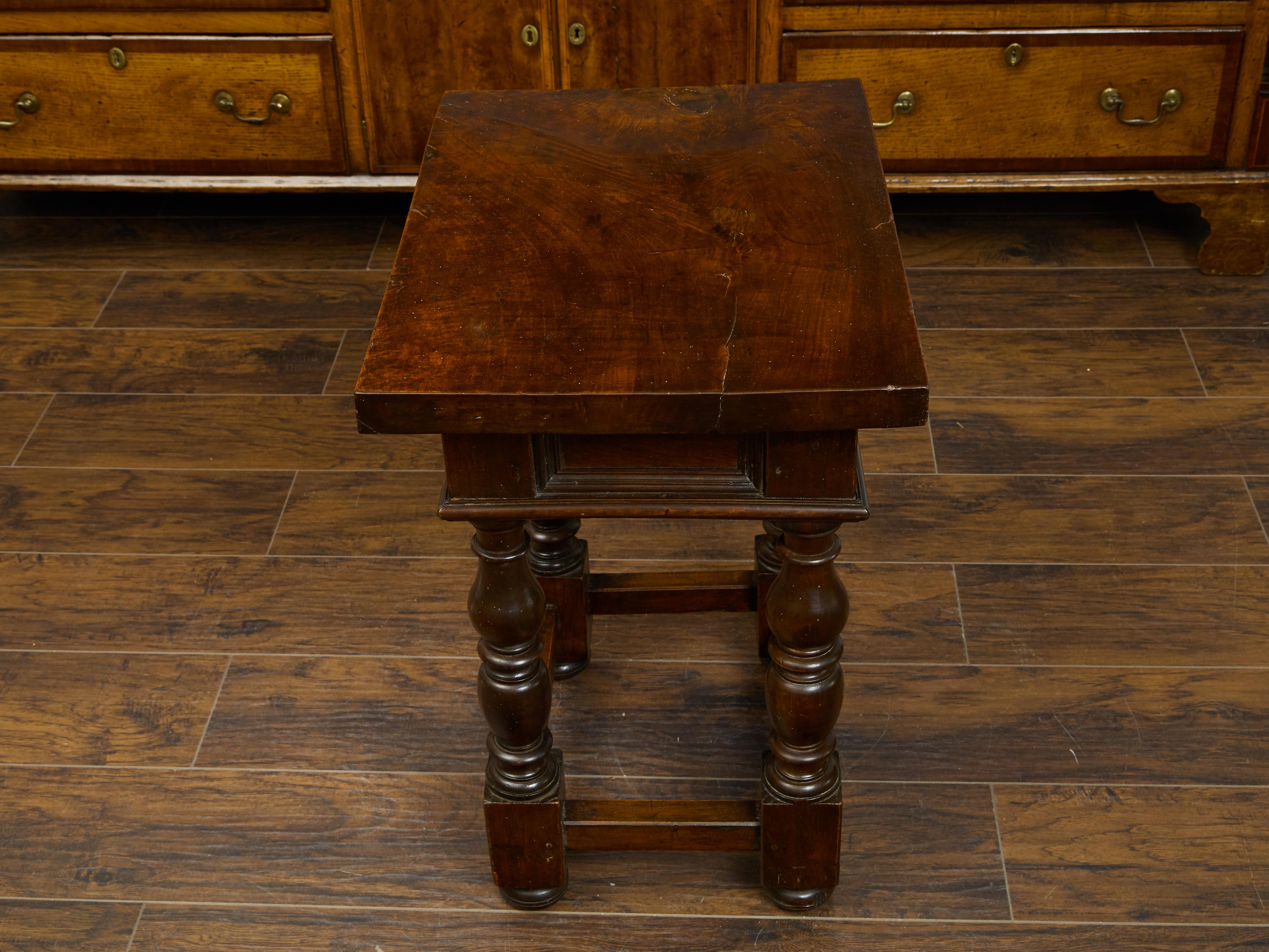 Italian 1800s Walnut Side Table with Single Drawer, Turned Legs and Stretchers 6