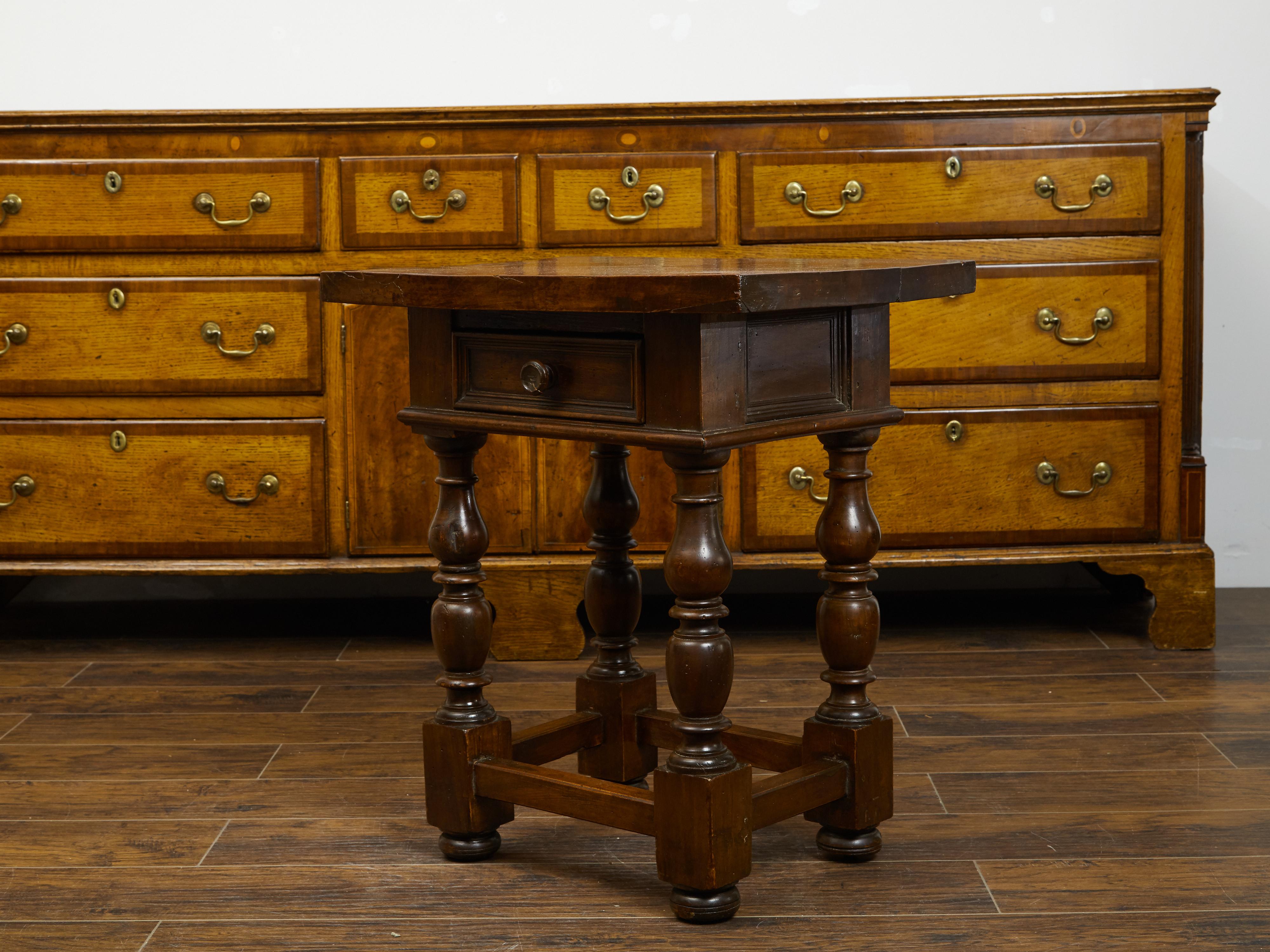 Italian 1800s Walnut Side Table with Single Drawer, Turned Legs and Stretchers 7