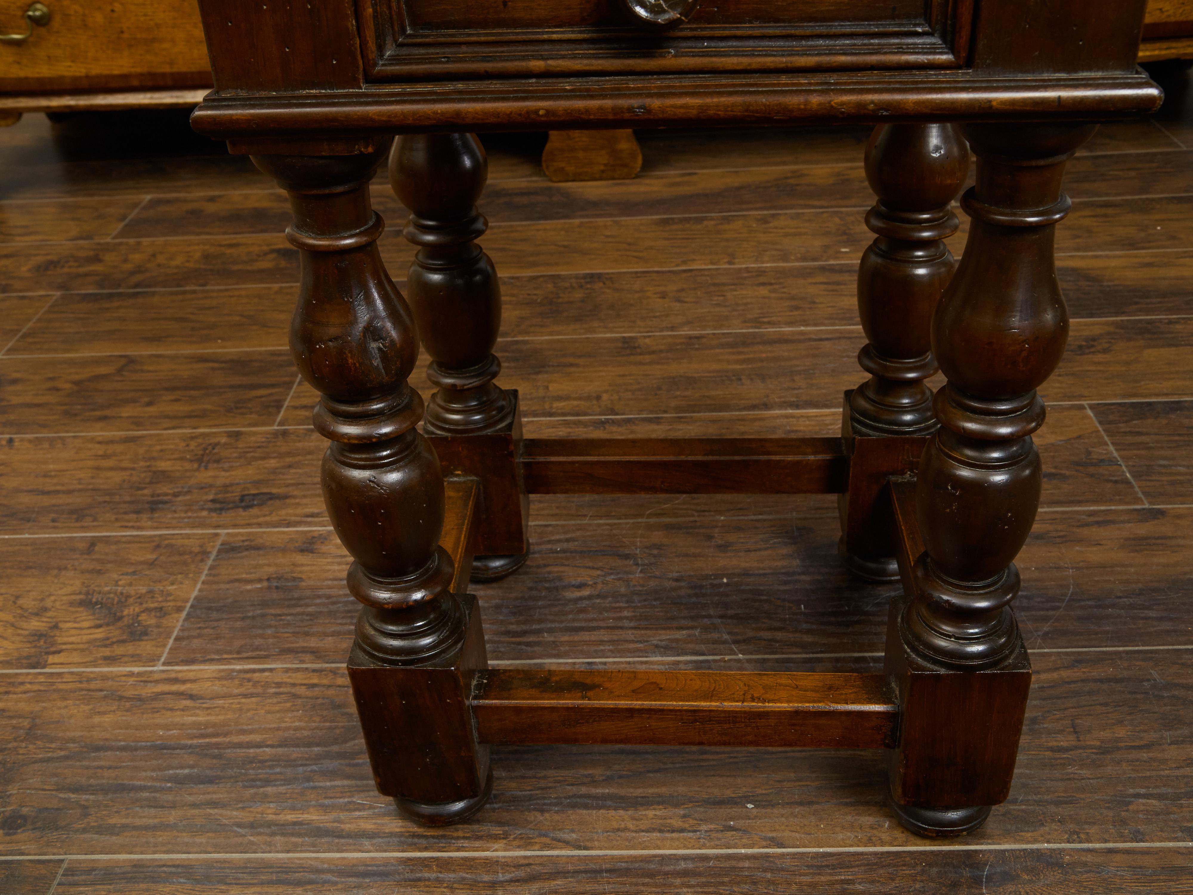 Italian 1800s Walnut Side Table with Single Drawer, Turned Legs and Stretchers 1