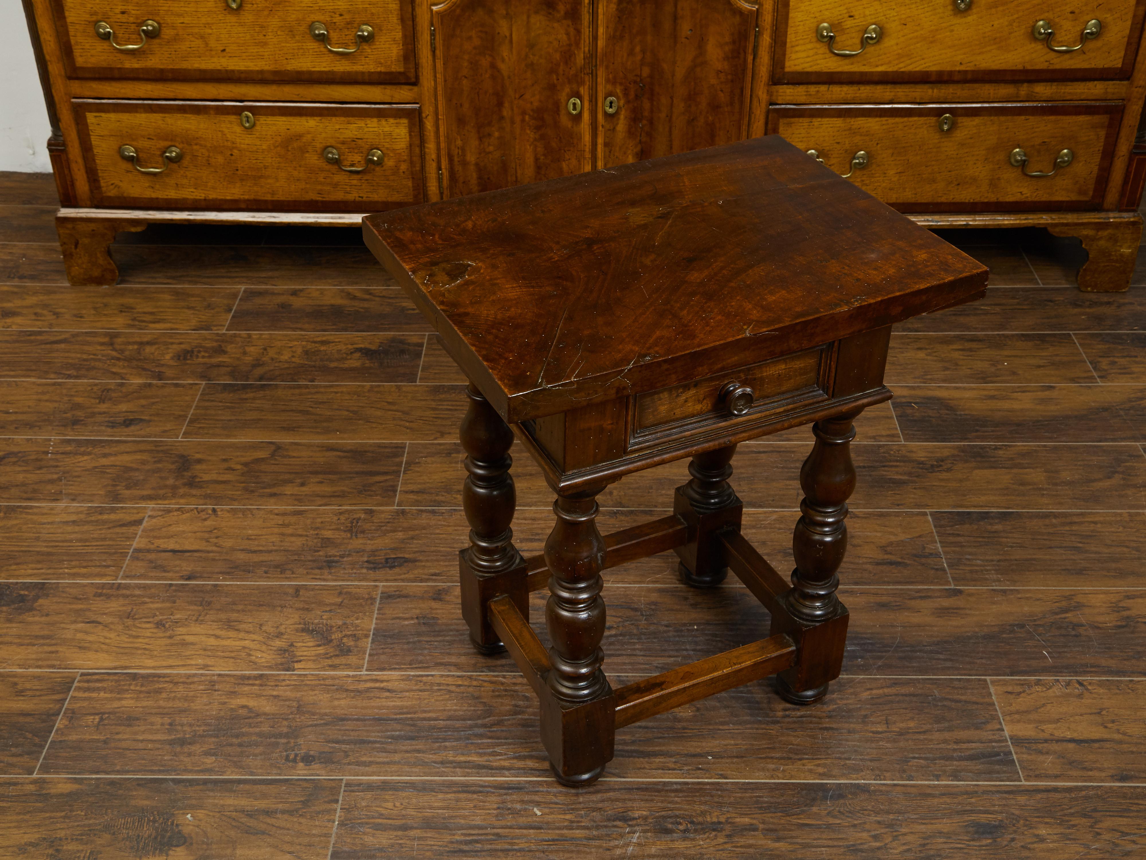 Italian 1800s Walnut Side Table with Single Drawer, Turned Legs and Stretchers 2