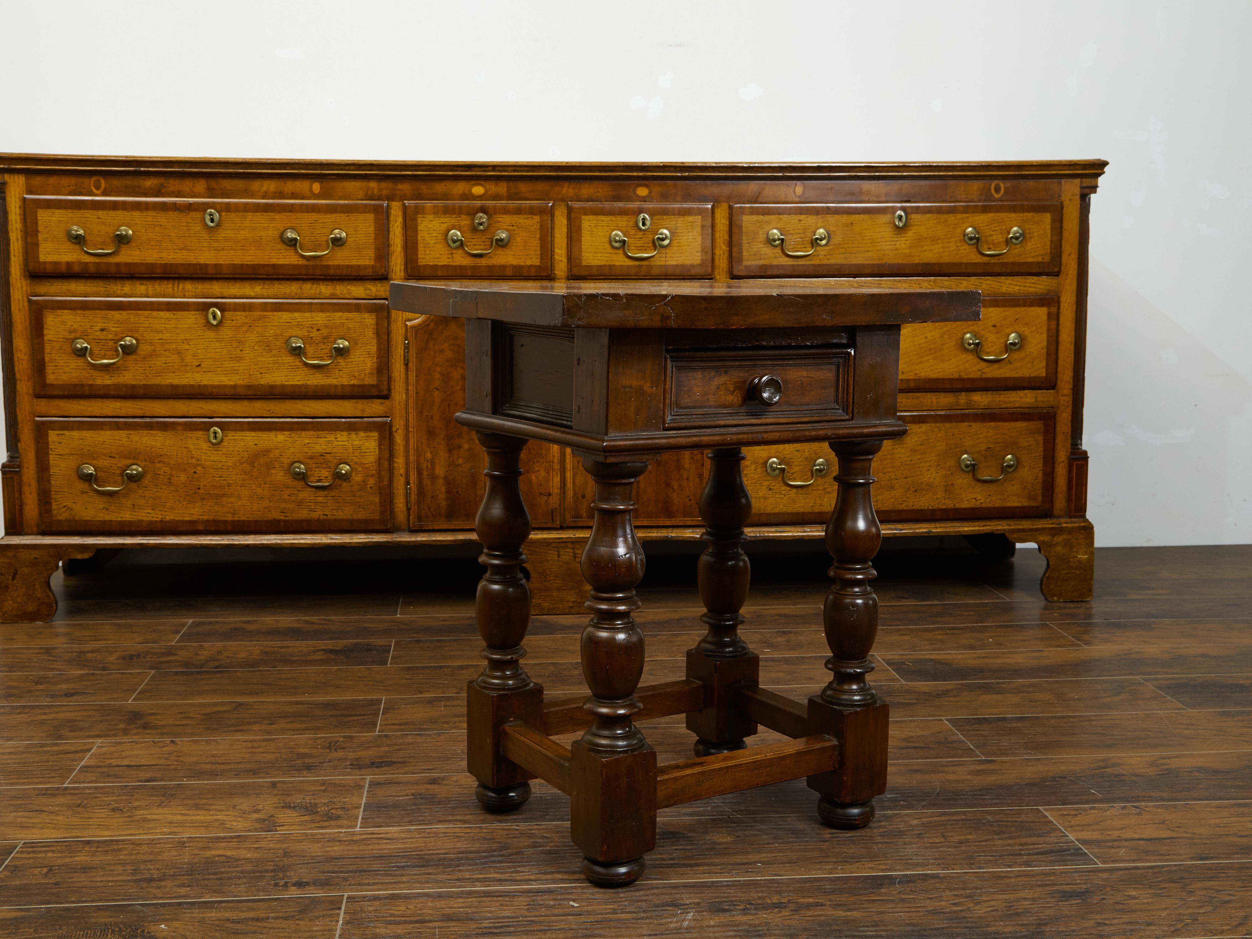 Italian 1800s Walnut Side Table with Single Drawer, Turned Legs and Stretchers 3