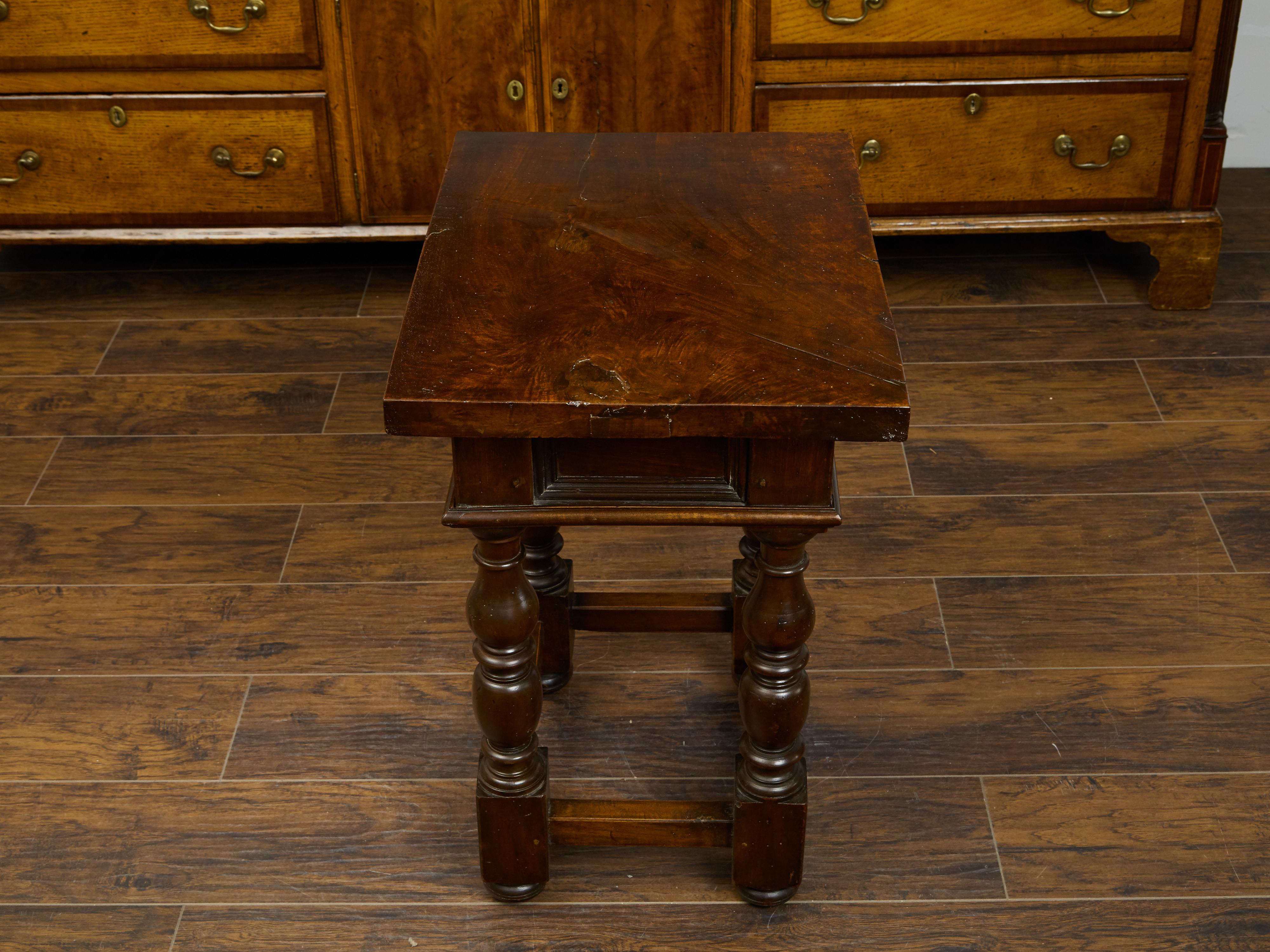 Italian 1800s Walnut Side Table with Single Drawer, Turned Legs and Stretchers 4