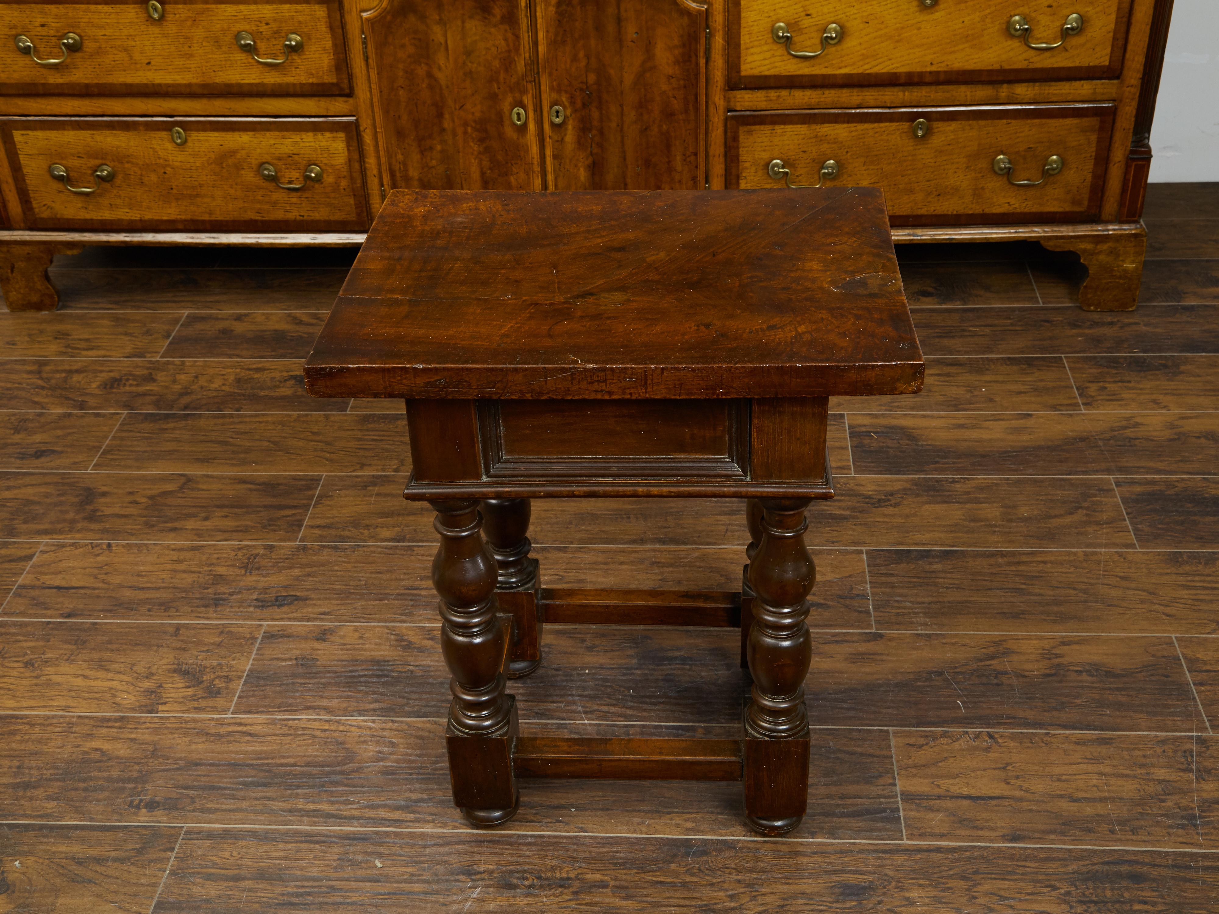 Italian 1800s Walnut Side Table with Single Drawer, Turned Legs and Stretchers 5
