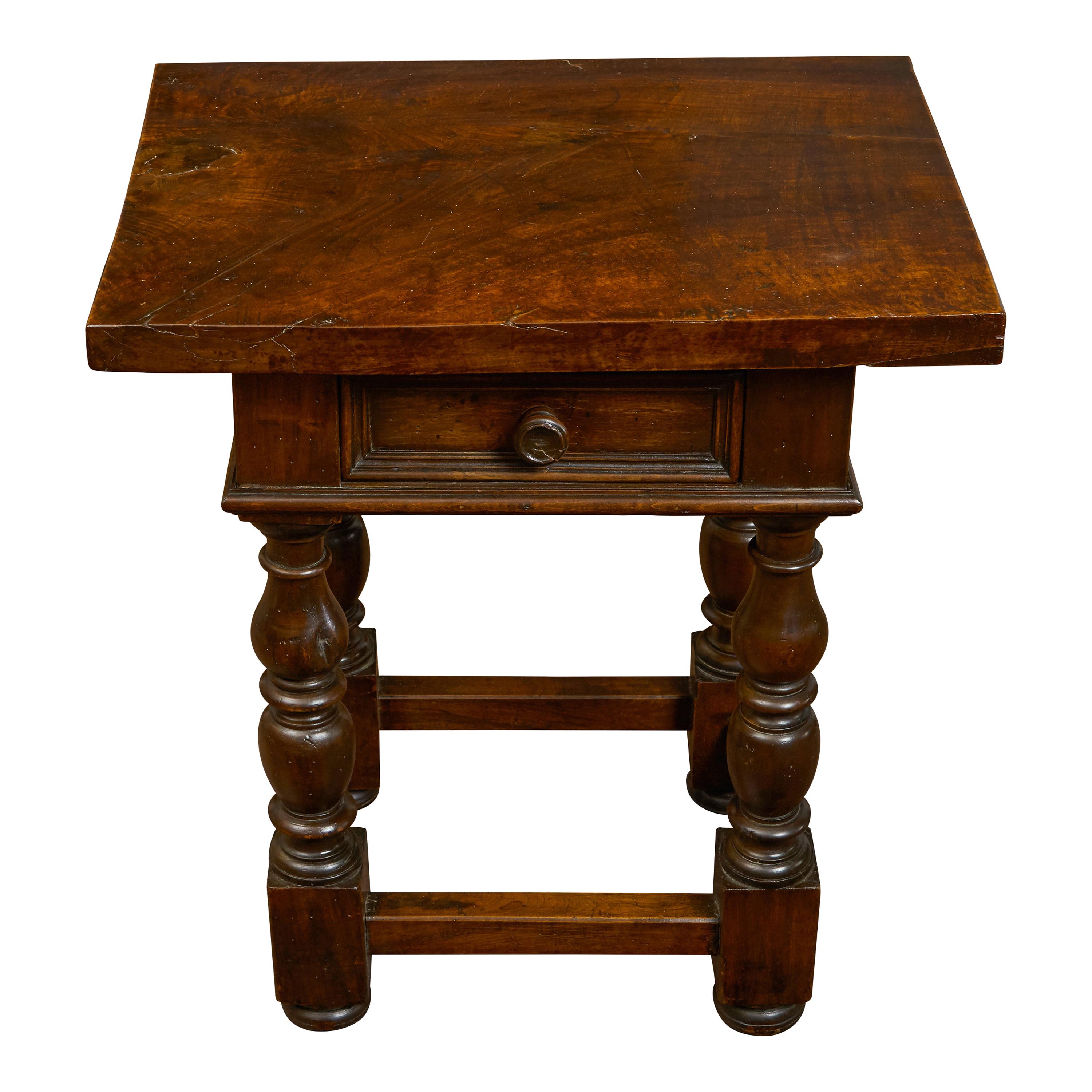 Italian 1800s Walnut Side Table with Single Drawer, Turned Legs and Stretchers