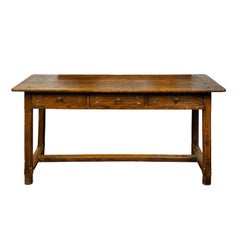 Antique Italian 1800s Walnut Table with Three Drawers, Incised Motifs and Patina