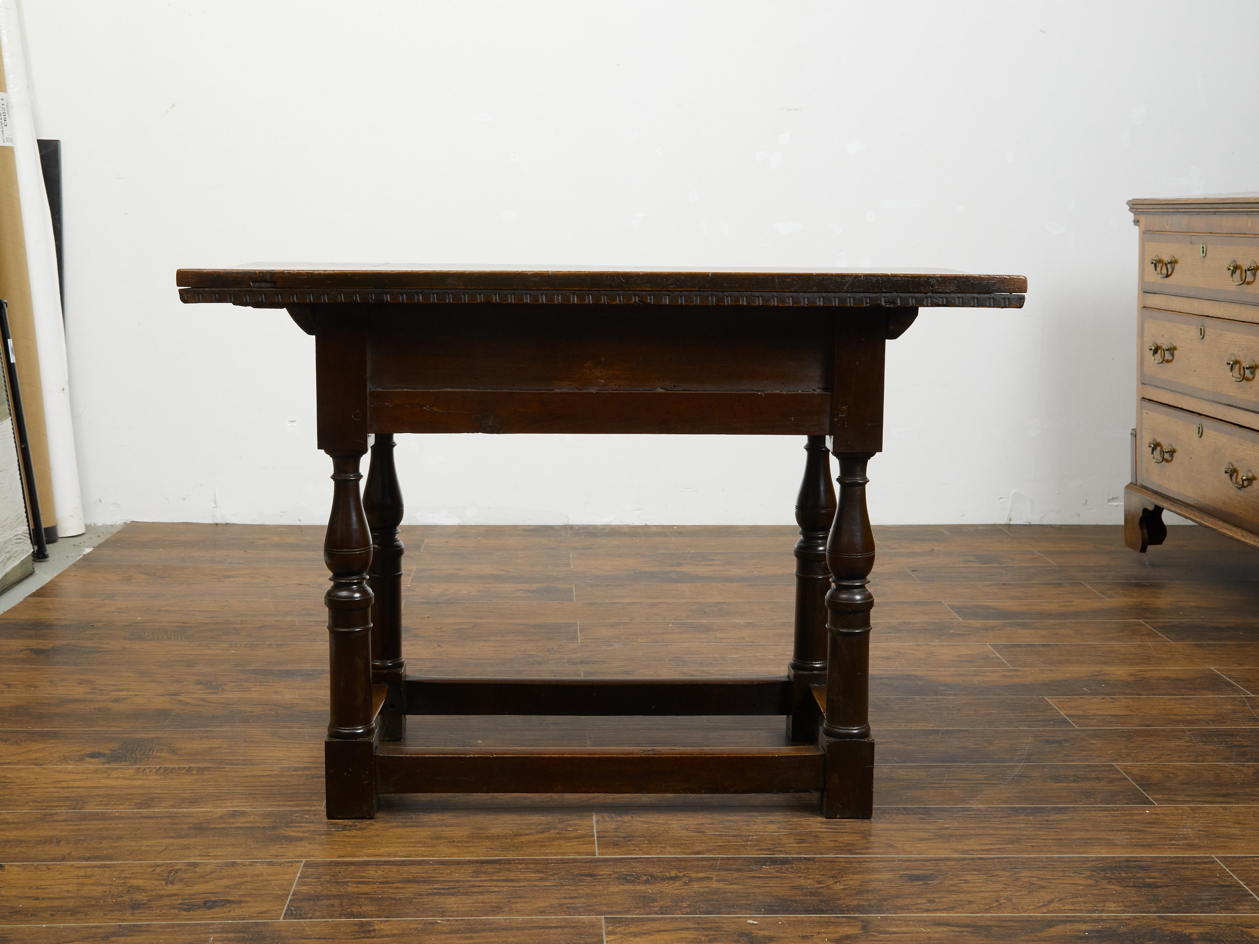 Italian 1800s Walnut Table with Two Drawers, Turned Legs and Dentil Molding 6