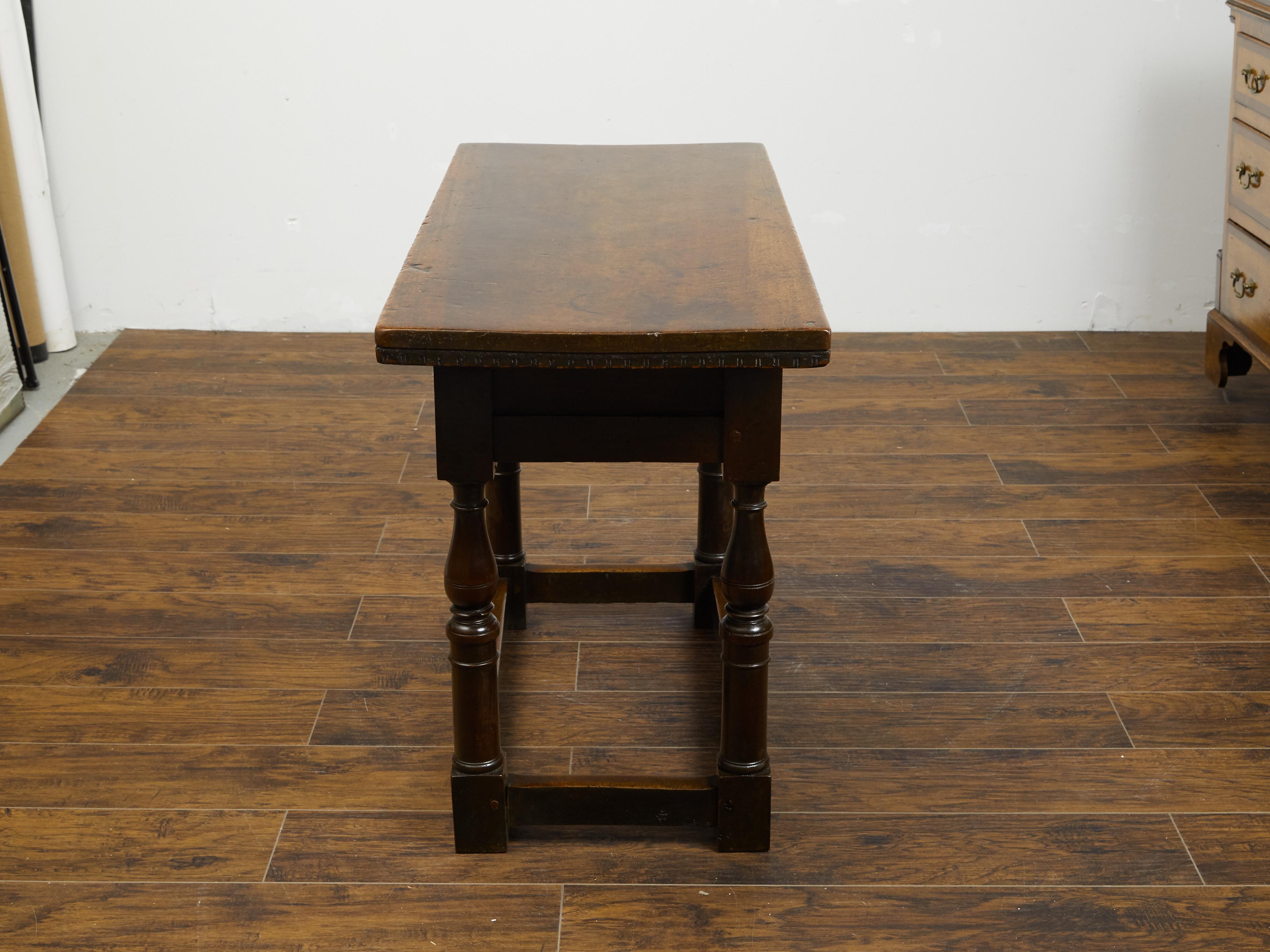Italian 1800s Walnut Table with Two Drawers, Turned Legs and Dentil Molding 7