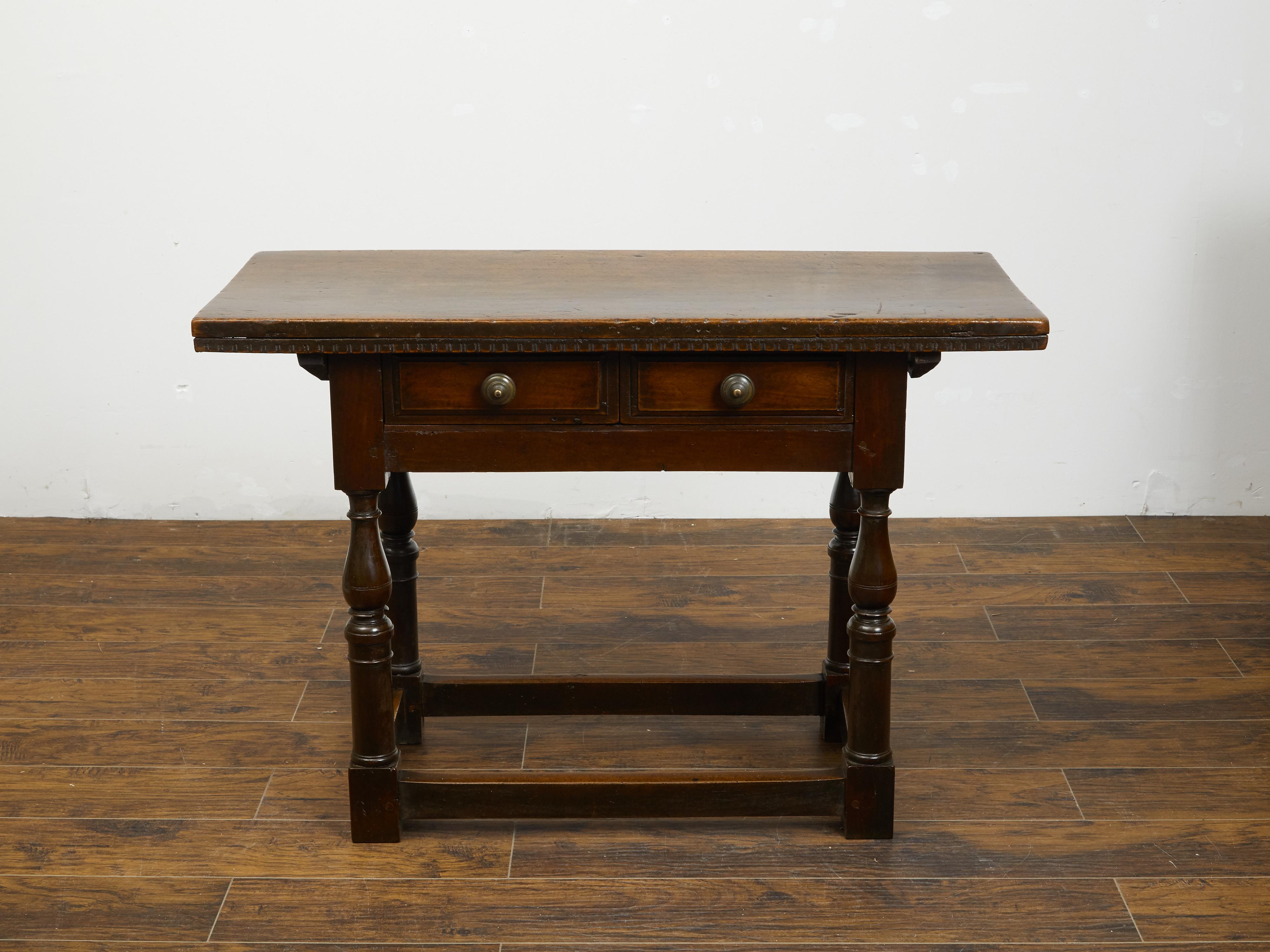 Italian 1800s Walnut Table with Two Drawers, Turned Legs and Dentil Molding In Good Condition In Atlanta, GA
