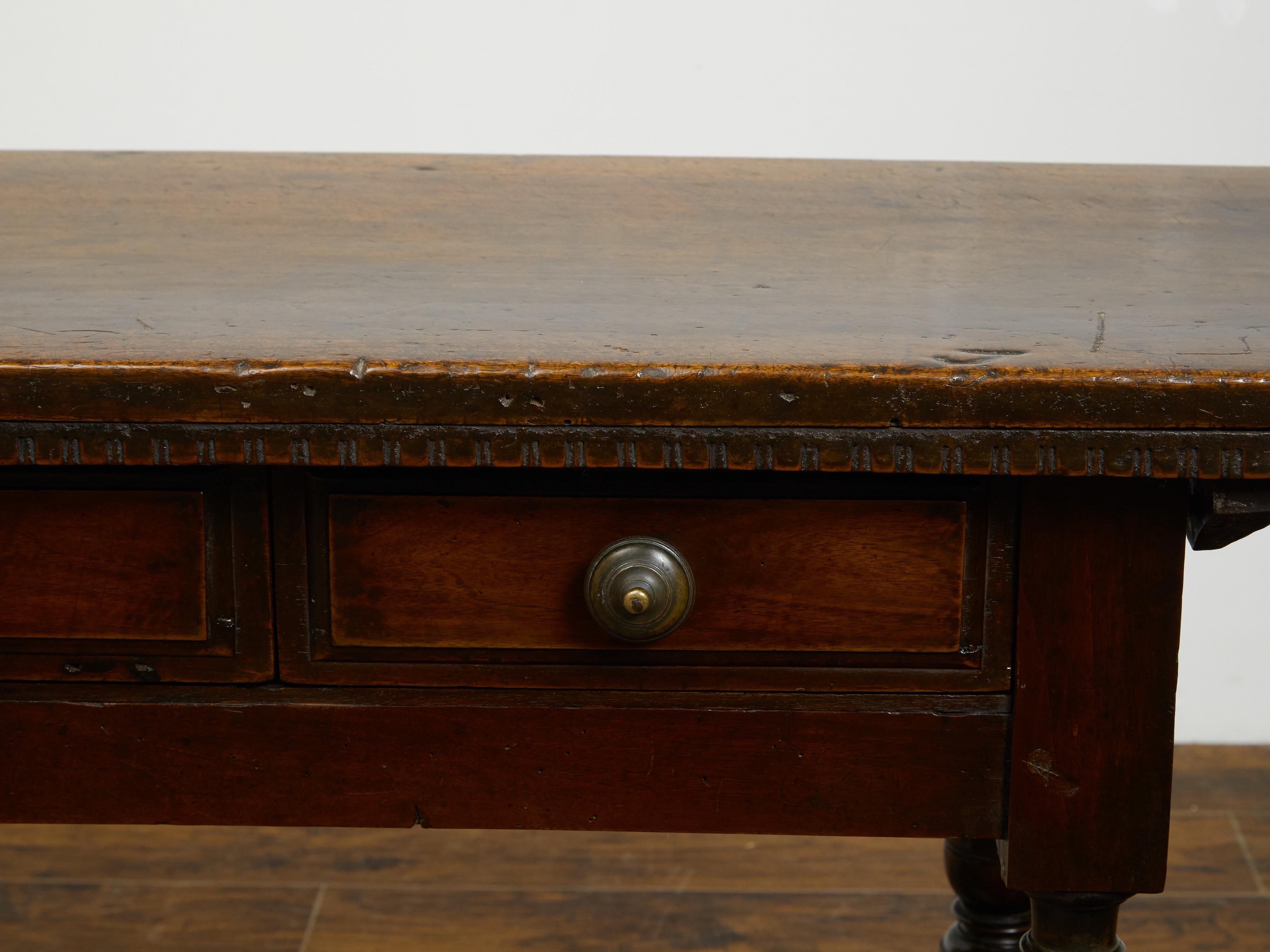 19th Century Italian 1800s Walnut Table with Two Drawers, Turned Legs and Dentil Molding