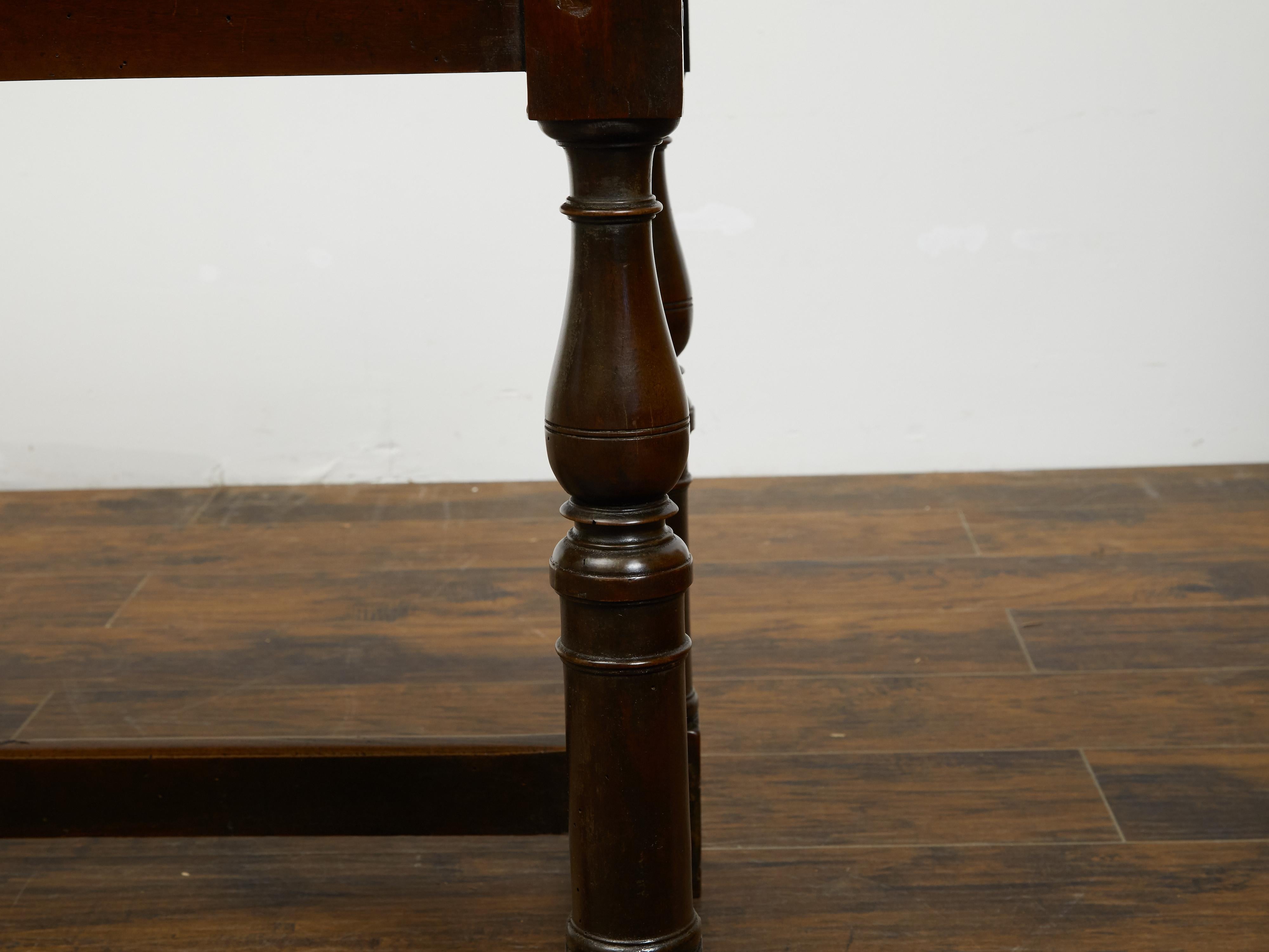 Italian 1800s Walnut Table with Two Drawers, Turned Legs and Dentil Molding 1