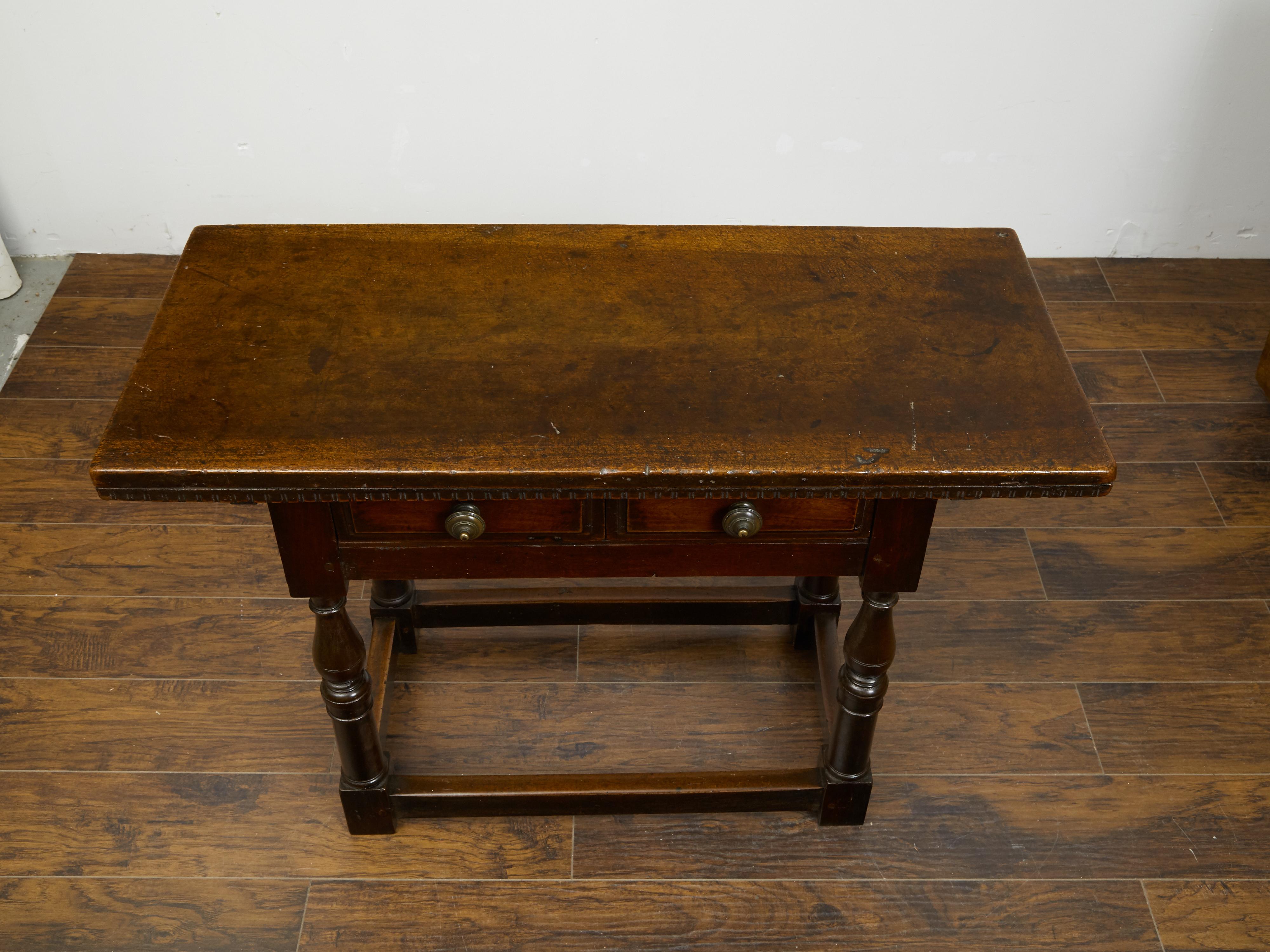 Italian 1800s Walnut Table with Two Drawers, Turned Legs and Dentil Molding 2