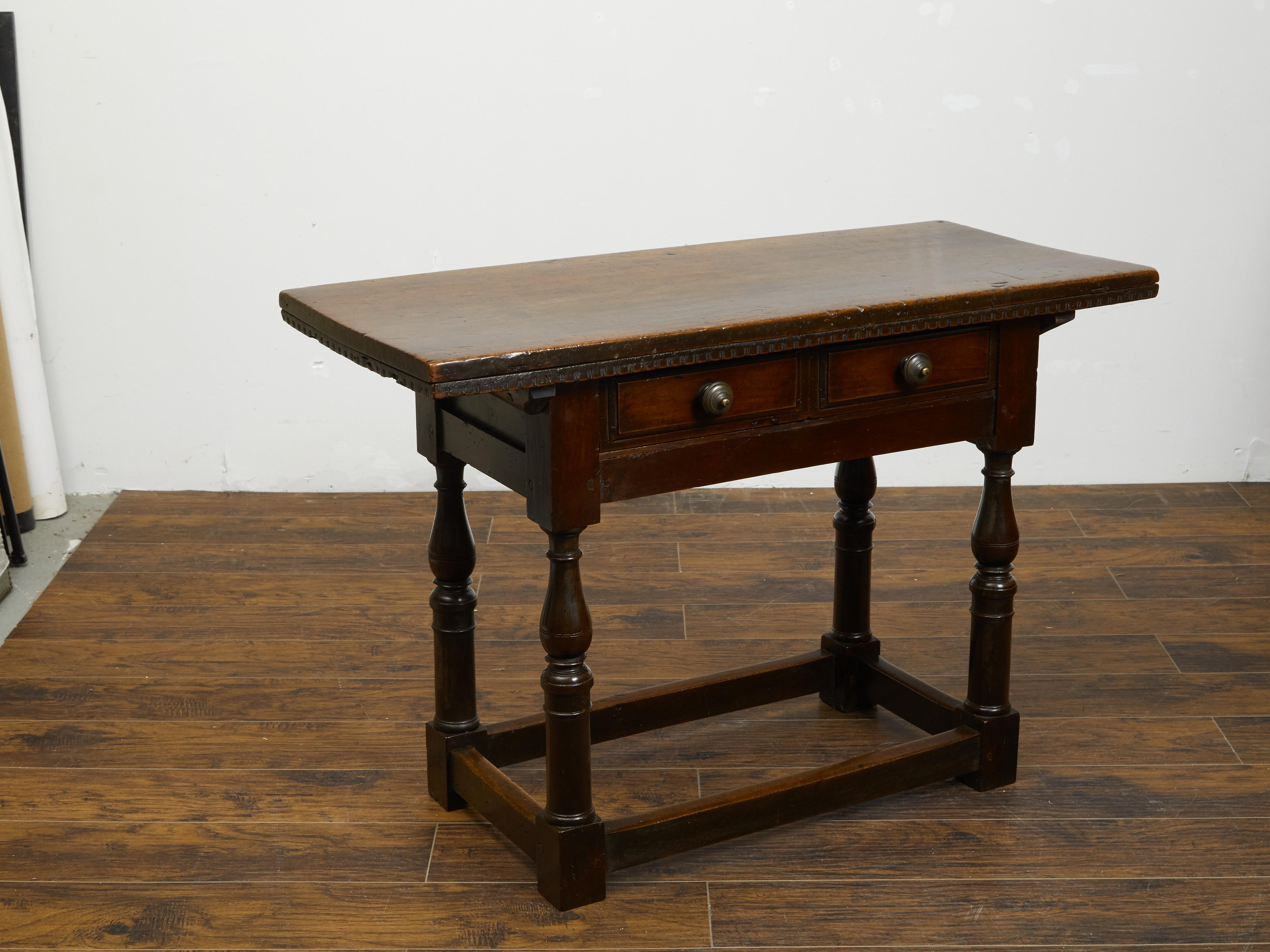 Italian 1800s Walnut Table with Two Drawers, Turned Legs and Dentil Molding 3