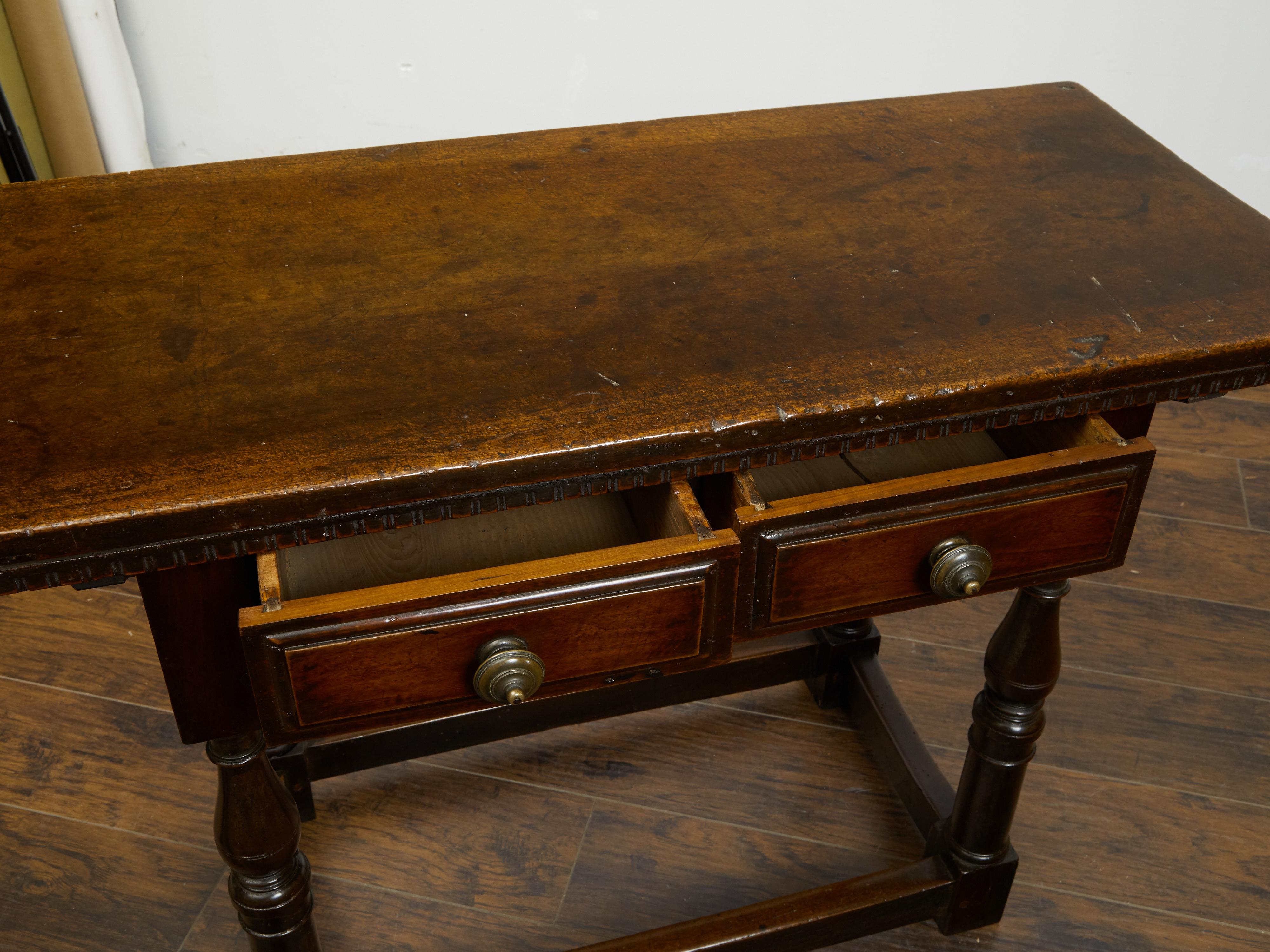 Italian 1800s Walnut Table with Two Drawers, Turned Legs and Dentil Molding 4