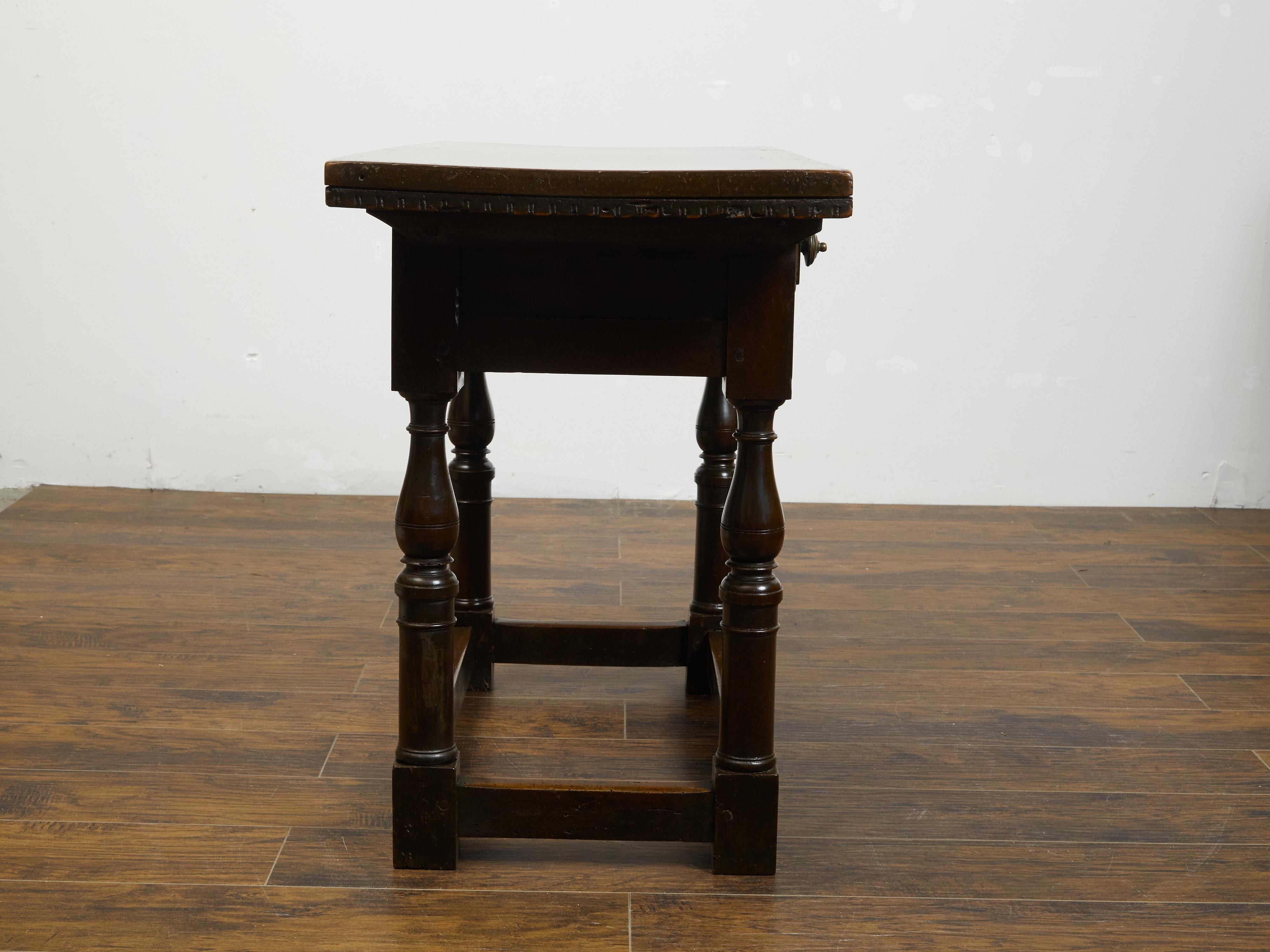 Italian 1800s Walnut Table with Two Drawers, Turned Legs and Dentil Molding 5