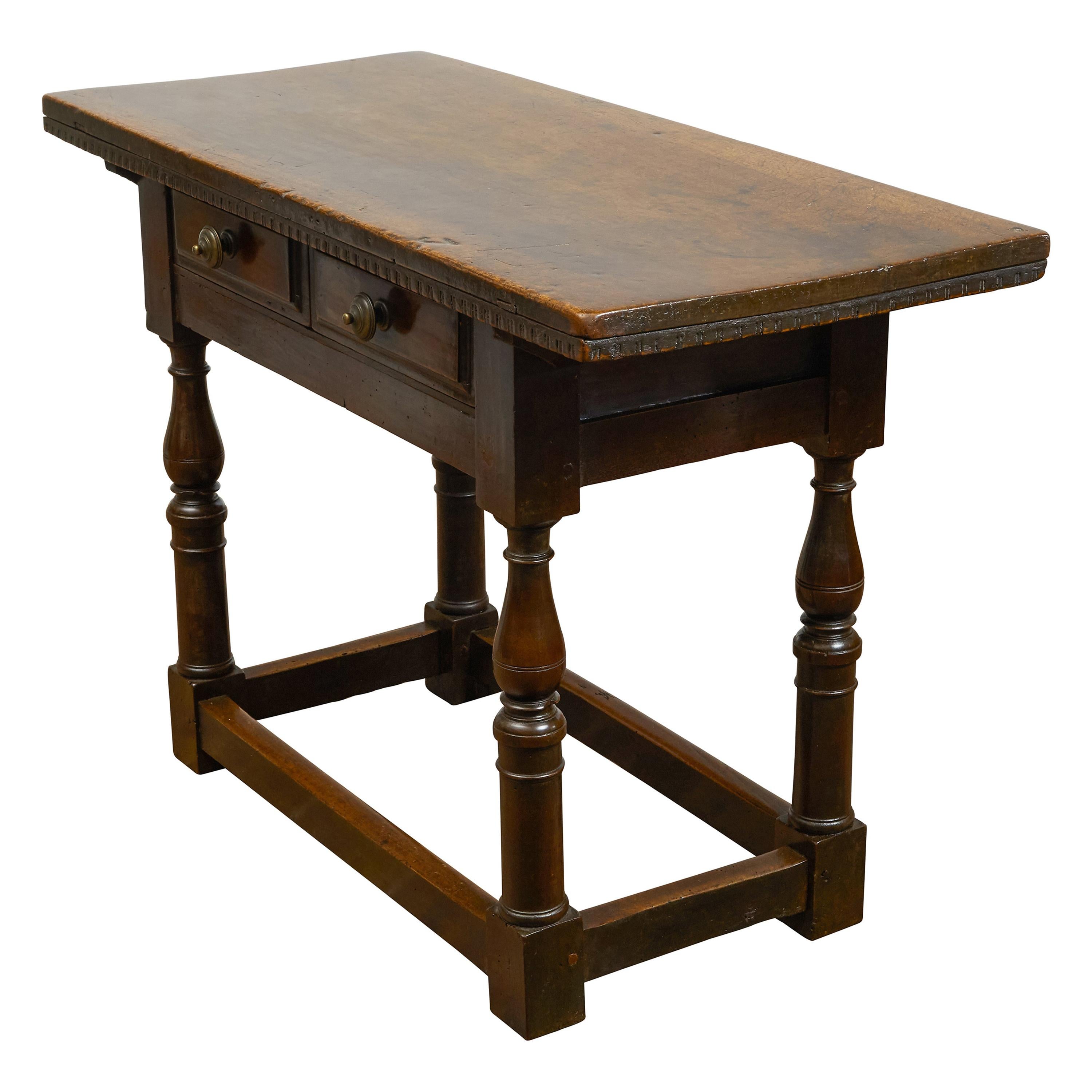 Italian 1800s Walnut Table with Two Drawers, Turned Legs and Dentil Molding