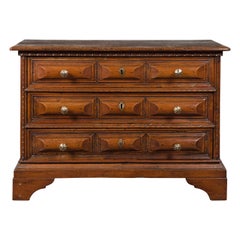 Italian 1800s Walnut Three-Drawer Commode with Raised Panels and Carved Motifs