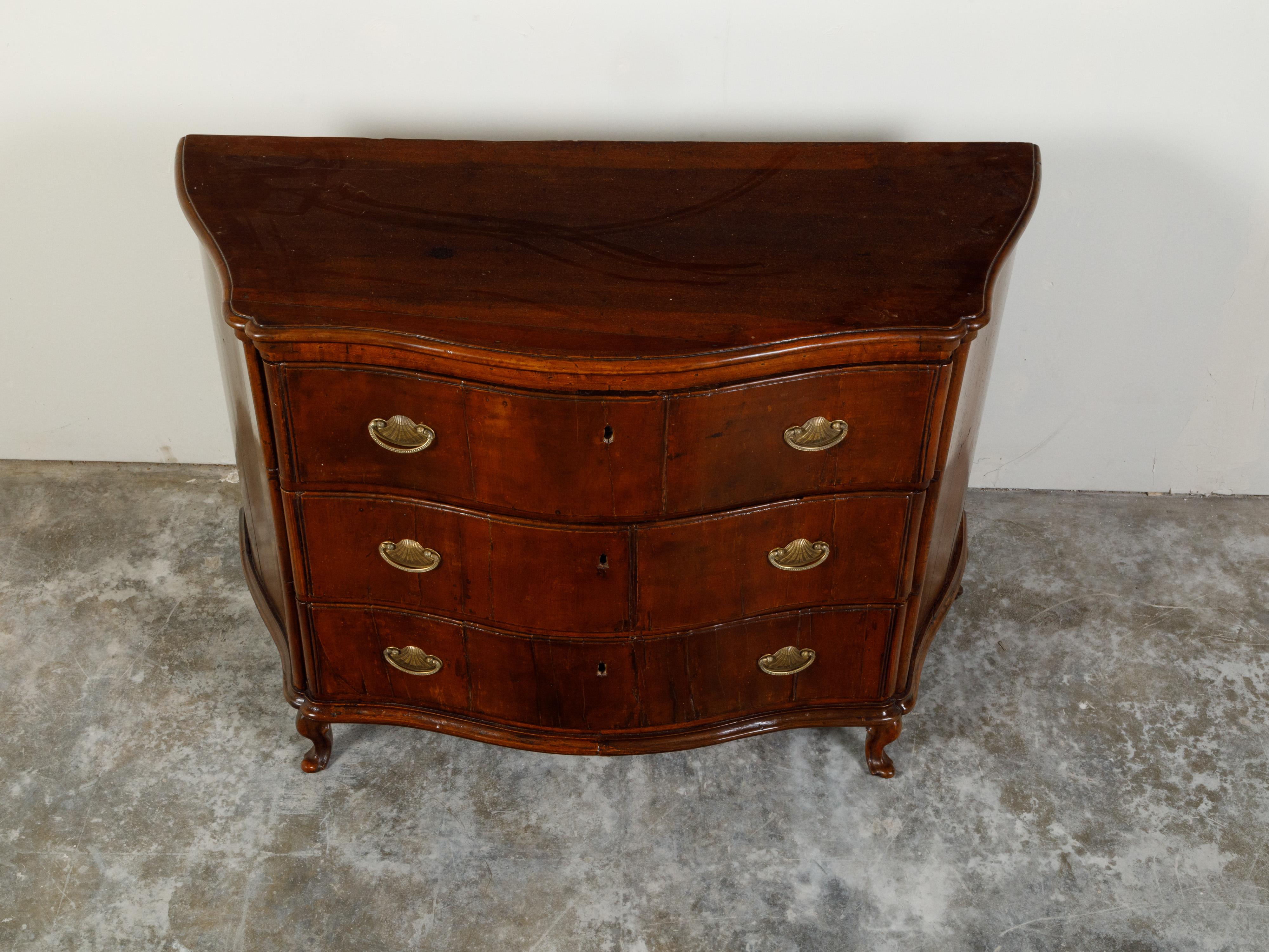 Italian 1800s Walnut Three-Drawer Serpentine Front Commode with Bronze Hardware In Good Condition For Sale In Atlanta, GA