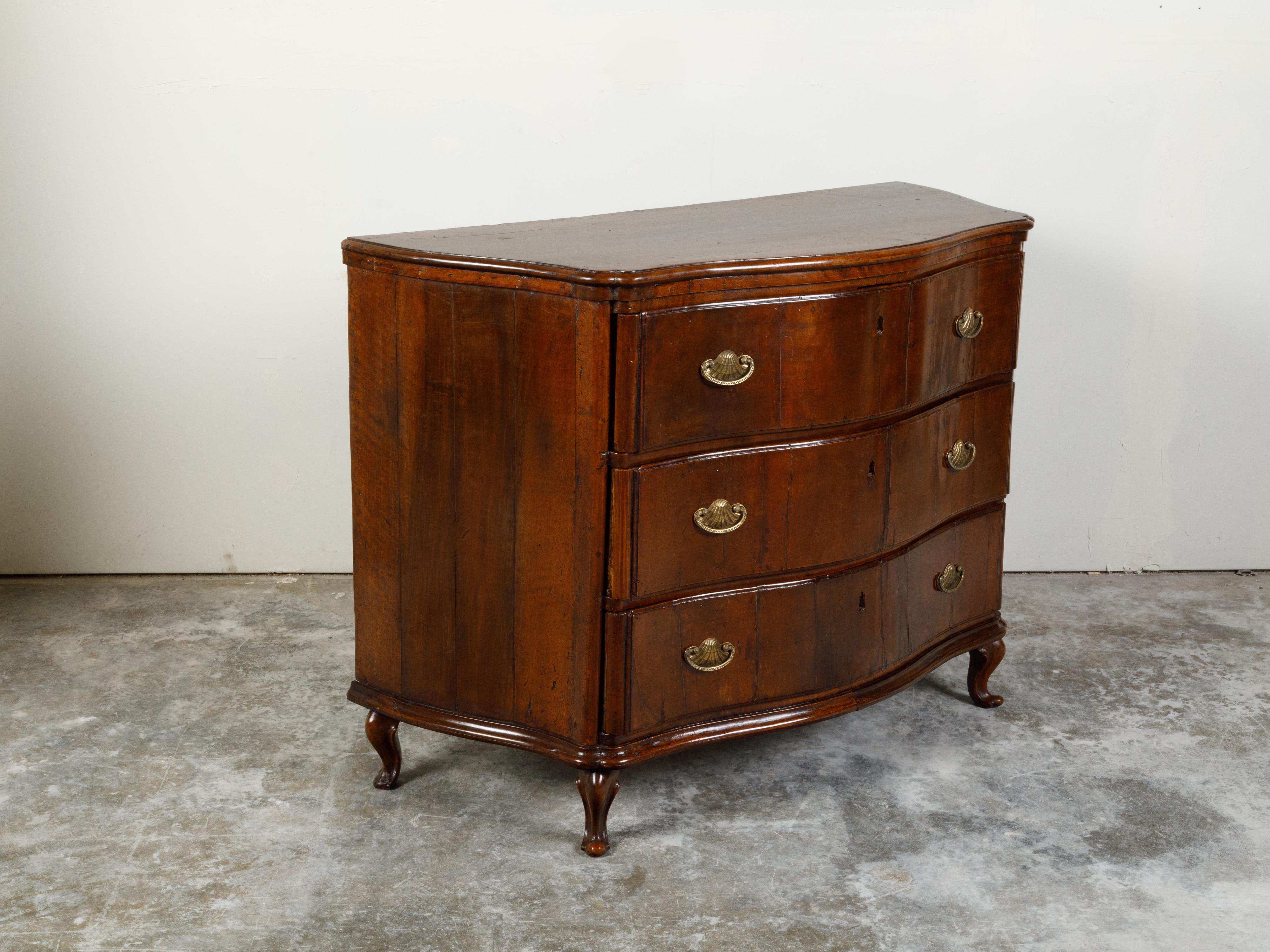 19th Century Italian 1800s Walnut Three-Drawer Serpentine Front Commode with Bronze Hardware For Sale