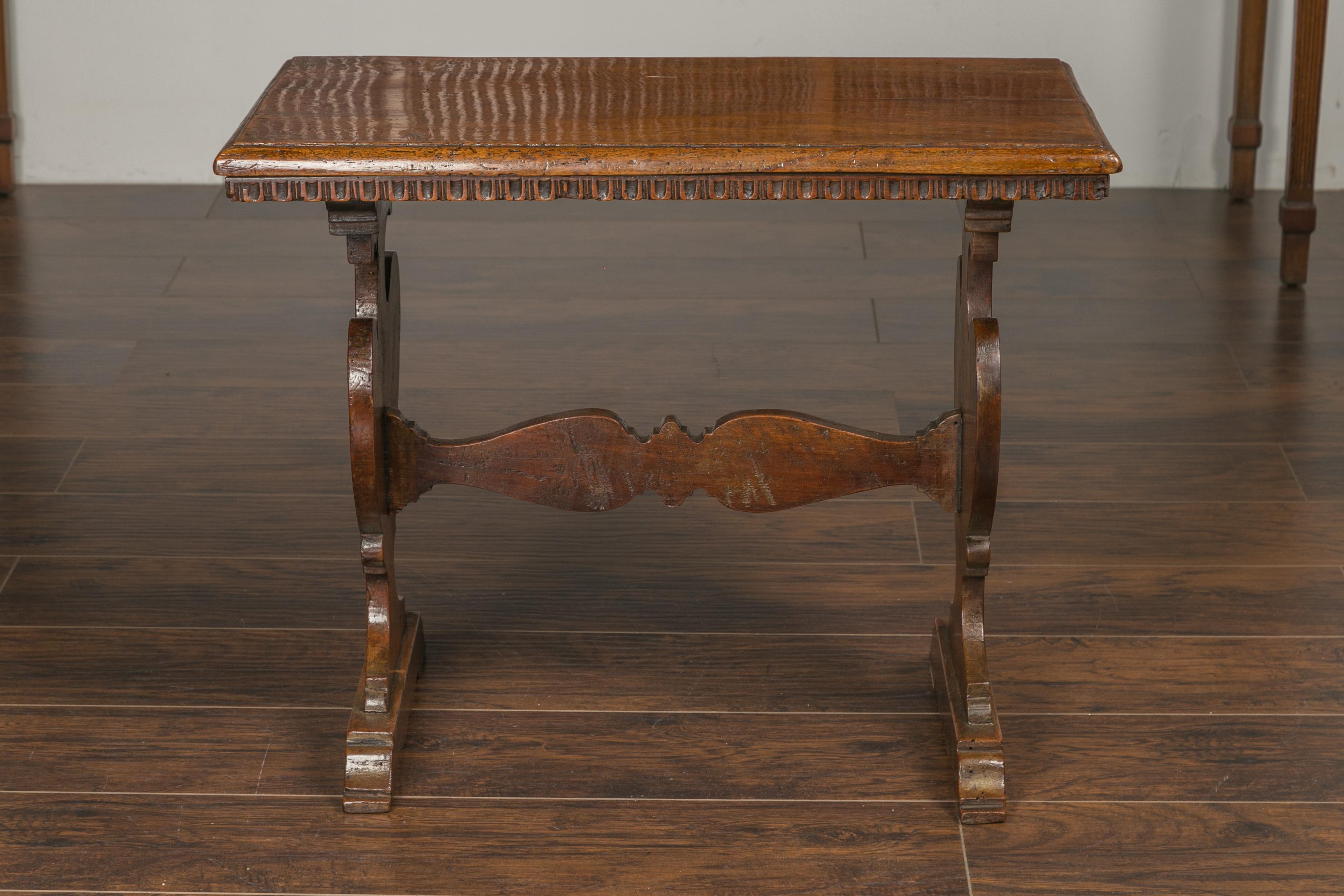 Italian 1800s Walnut Trestle Base Low Side Table with Carved Scoop Patterns 6