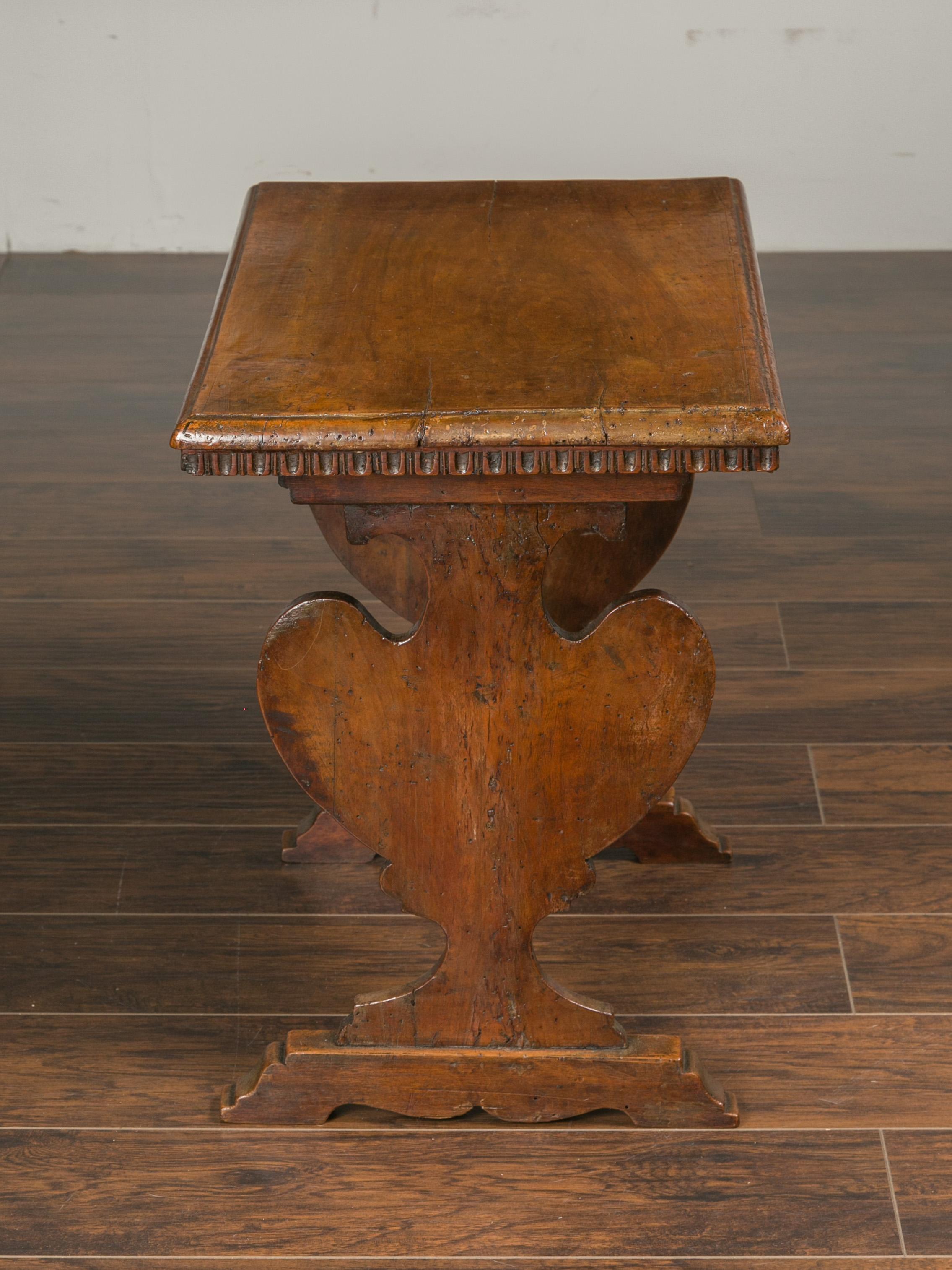 Italian 1800s Walnut Trestle Base Low Side Table with Carved Scoop Patterns 7