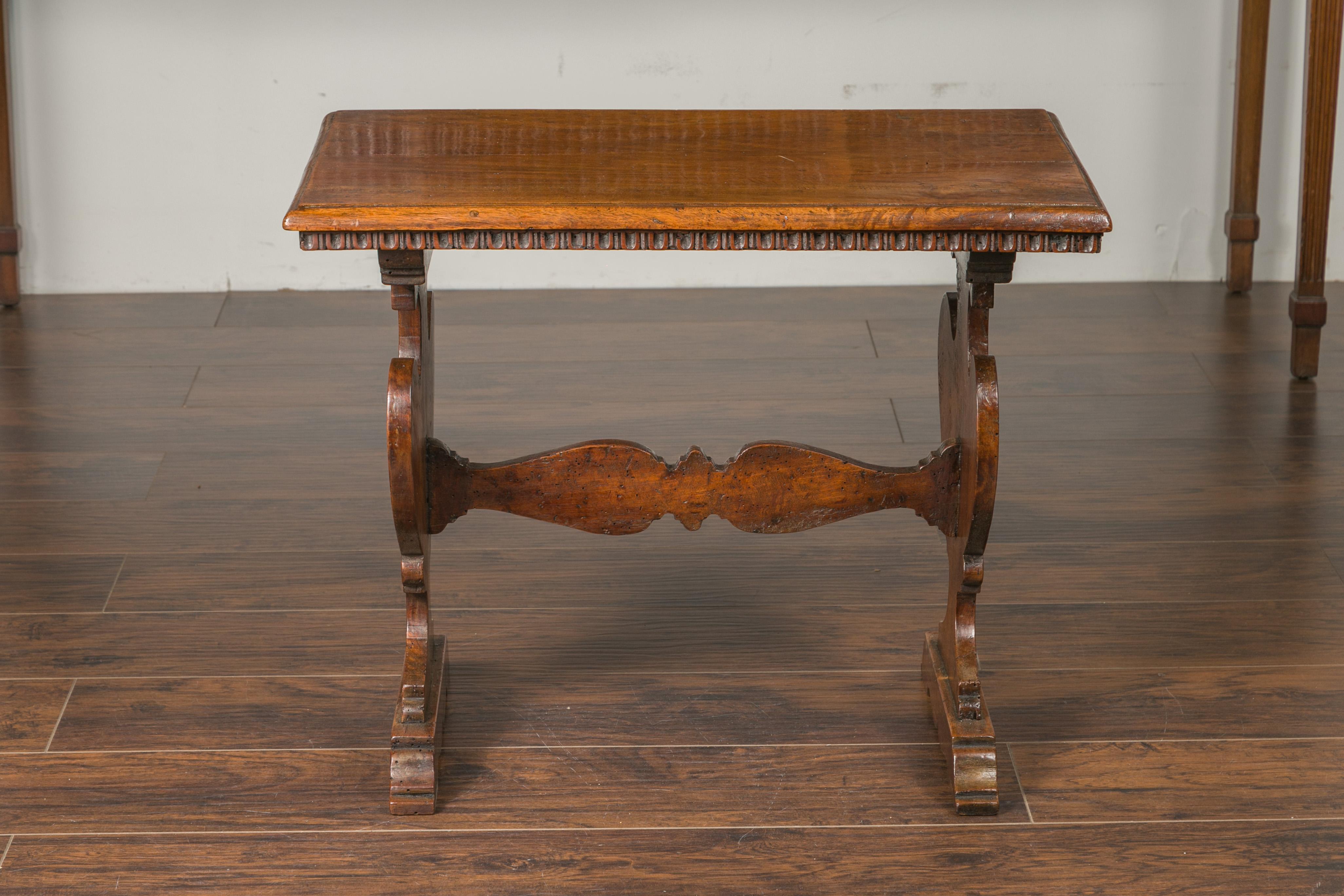 Italian 1800s Walnut Trestle Base Low Side Table with Carved Scoop Patterns In Good Condition In Atlanta, GA