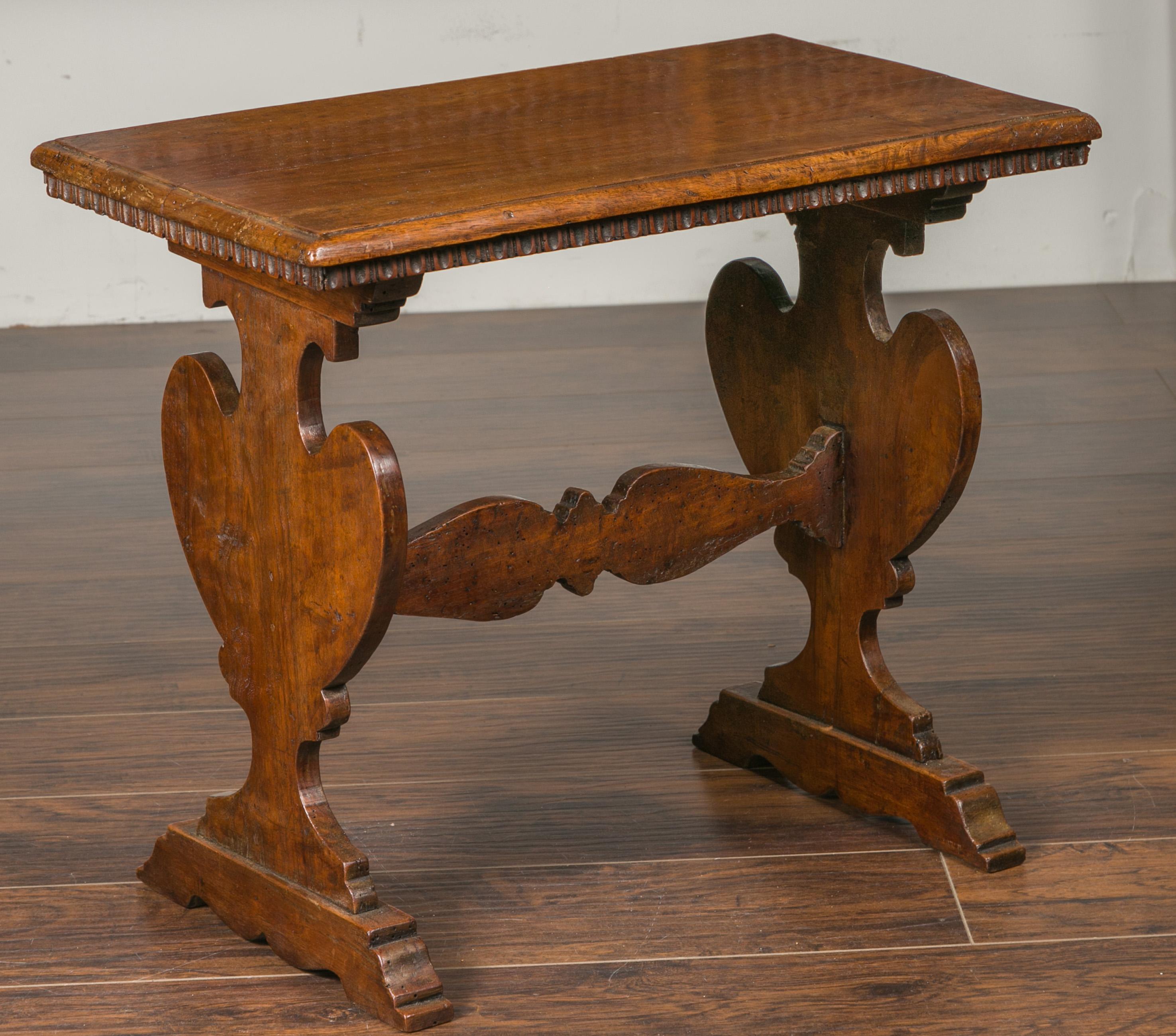 19th Century Italian 1800s Walnut Trestle Base Low Side Table with Carved Scoop Patterns