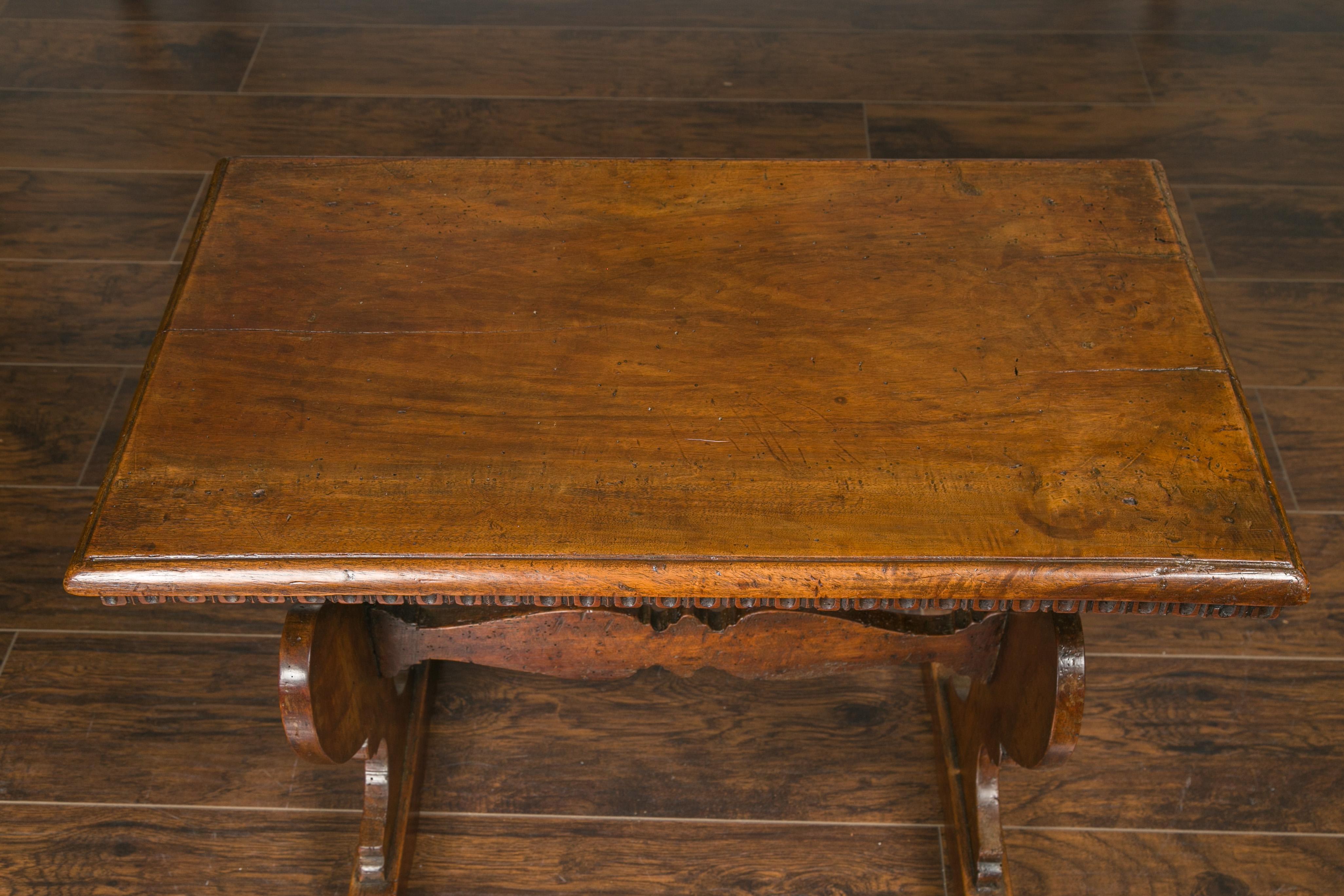 Italian 1800s Walnut Trestle Base Low Side Table with Carved Scoop Patterns 1